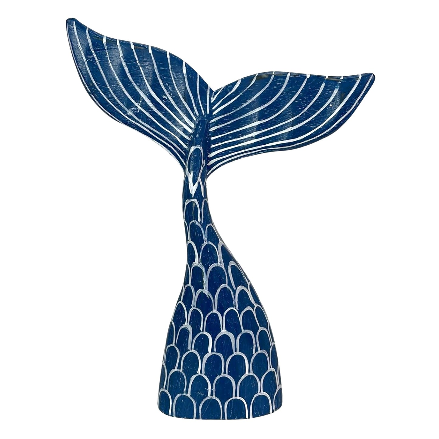 Hand-Carved Navy Blue Wood Mermaid Tail Sculpture – 13.75" Nautical Coastal Table Decor, Beach House Accent, Ocean-Inspired Artisan Art, Indoor Shelf Display Statue, Unique Gift for Ocean Lovers