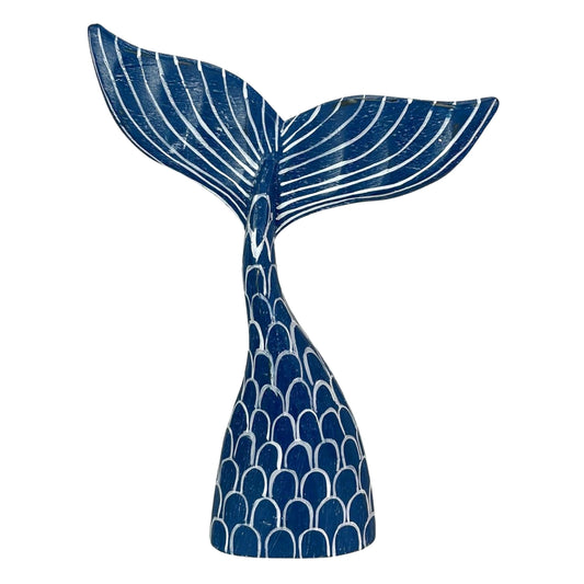 Hand-Carved Navy Blue Wood Mermaid Tail Sculpture – 13.75" Nautical Coastal Table Decor, Beach House Accent, Ocean-Inspired Artisan Art, Indoor Shelf Display Statue, Unique Gift for Ocean Lovers