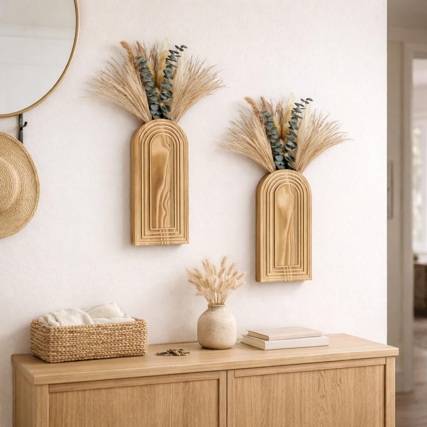 Wooden Wall Vase Set of 2 with Dried Pampas Grass & Eucalyptus – Boho Farmhouse Wall Decor for Living Room, Bathroom, Entryway or Hallway, Rustic Modern Wooden Wall Art