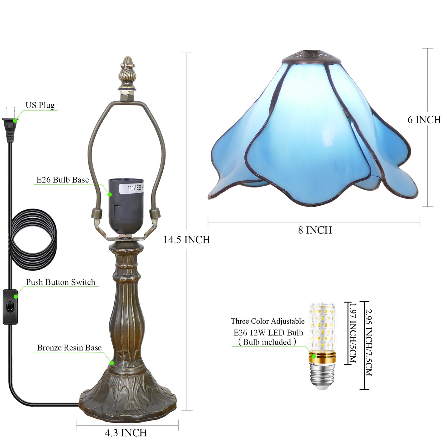 WFAYNTIFL Small Tiffany Table Lamp Blue Morning Glory Style W8H14.5 Inch