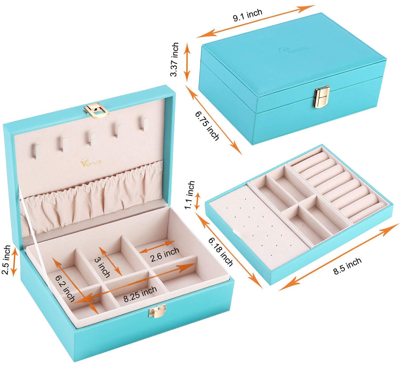 Voova Jewelry Box Organizer for Women Girls, 2 Layer Large Men Jewelry Storage Case, PU Leather Display Jewellery Holder with Removable Tray for Necklace Earrings Rings Bracelets, Gift, Teal/Lake Blue