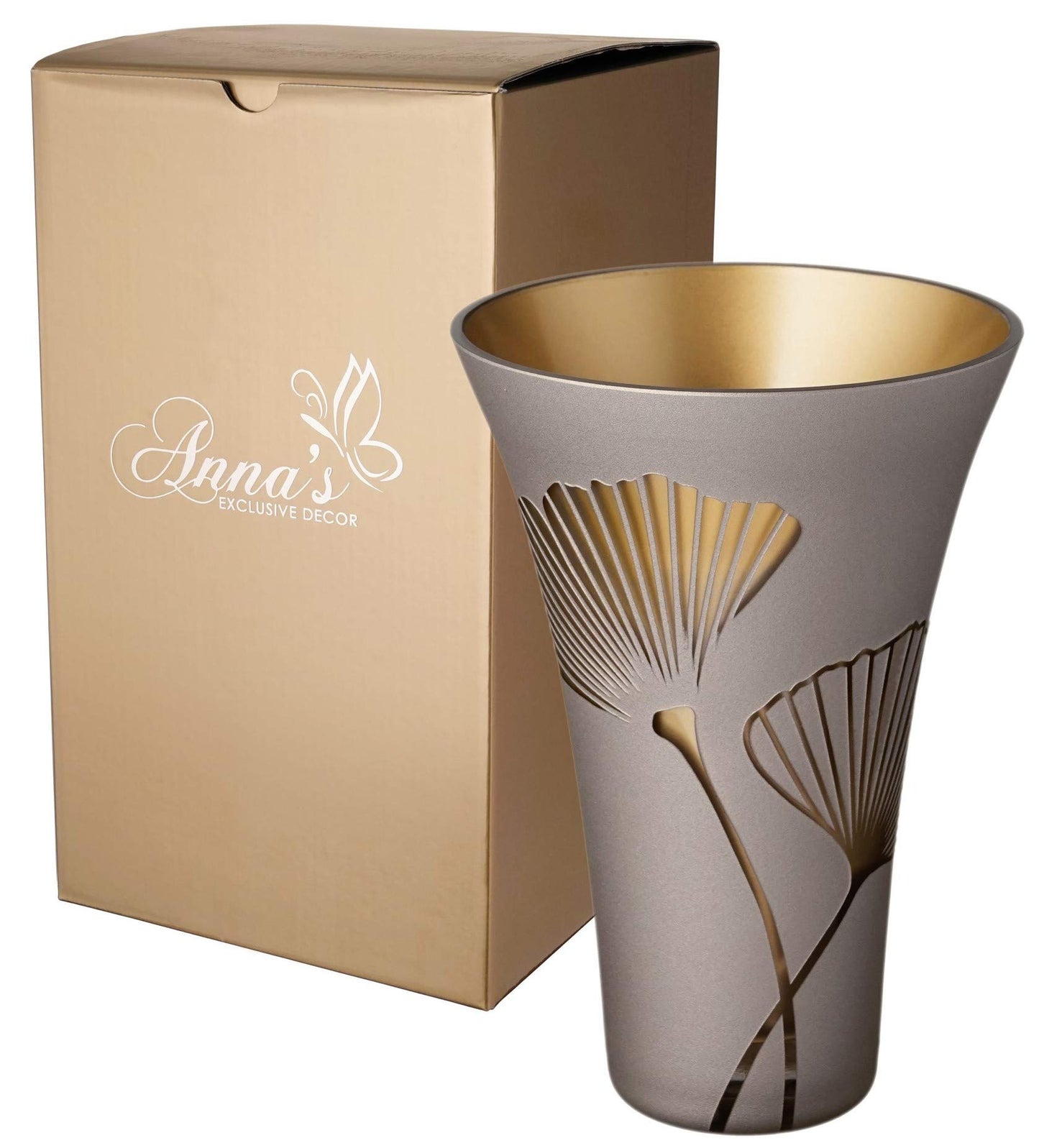 Golden Glass Vase - Etched & Painted Gold Ginkgo Leaves Decor - Mouth Blown Thick Glass - Elegant Home Wedding Decor - Golden Gift Box - 9.4 in (24 cm)