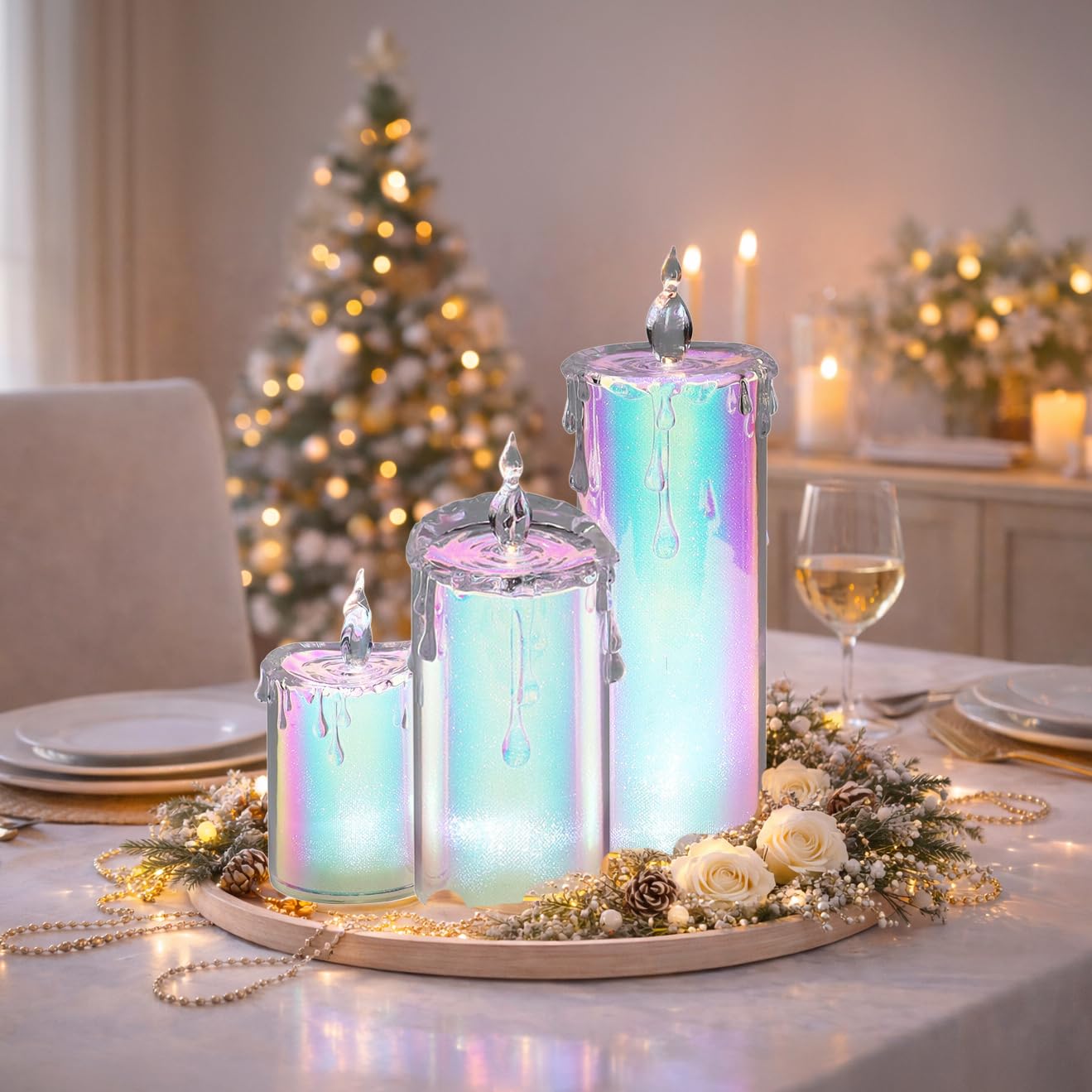 MOMENTS IN TIME 3-Piece Holographic LED Flameless Candle Set Glittering Acrylic Pillar with Realistic Dripping Wax and Flame Effect Home décor. Sizes: 5.5” 7” 9.5” (Batteries not Included)