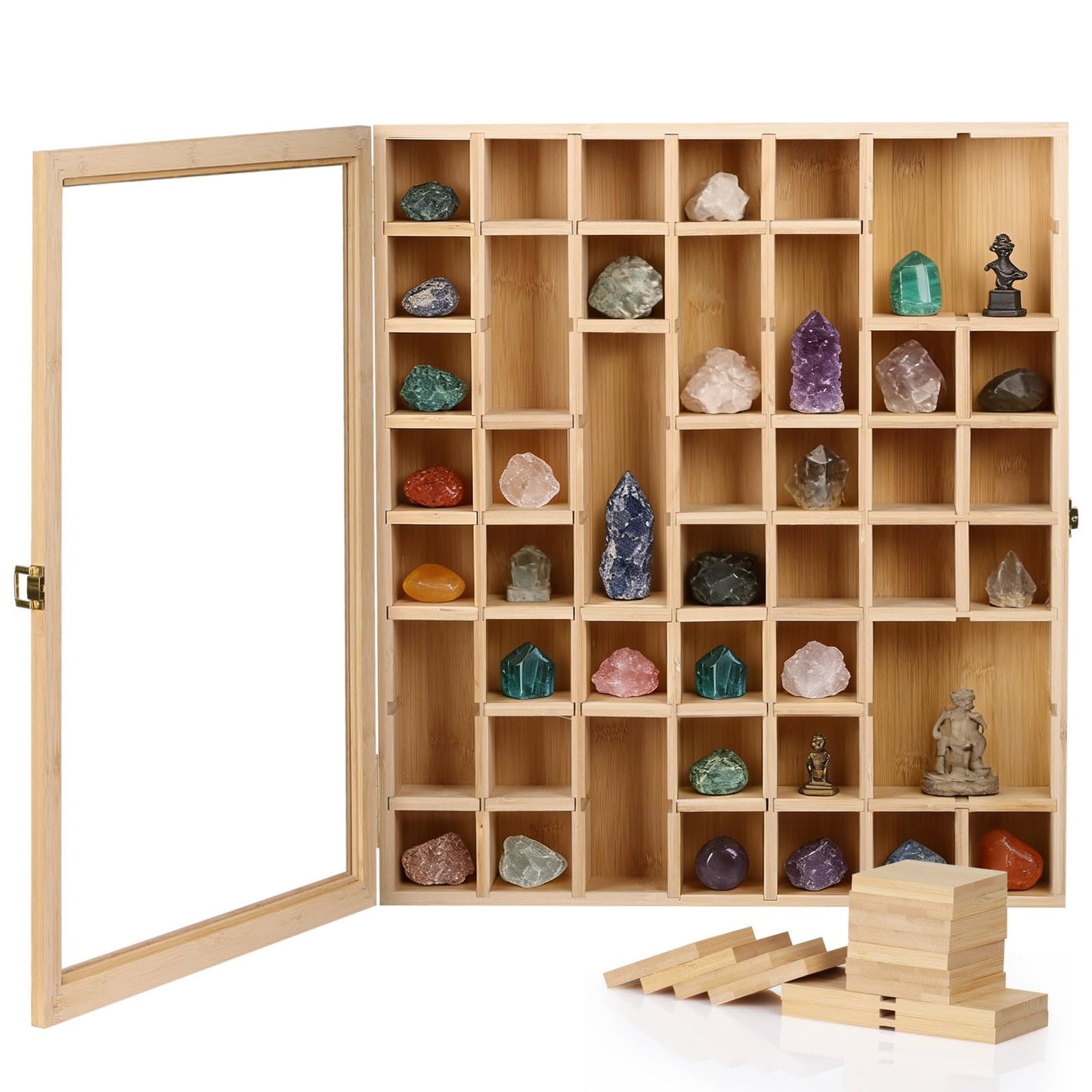 AUTOARK Adjustable Rock Display Case with 56 Compartments,Bamboo Wood Large Rock Collection Box for Crystals Minerals Stones Storage and Display,Large,AHK-064
