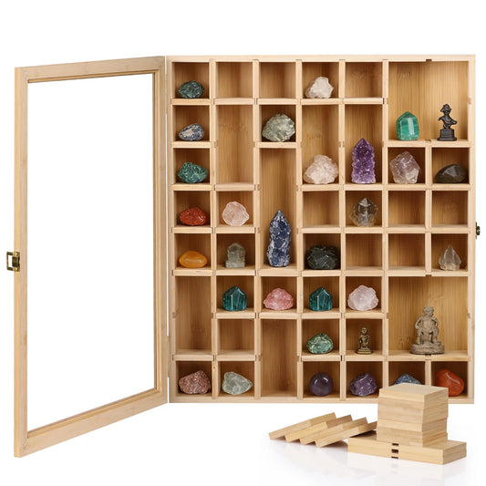 AUTOARK Adjustable Rock Display Case with 56 Compartments,Bamboo Wood Large Rock Collection Box for Crystals Minerals Stones Storage and Display,Large,AHK-064