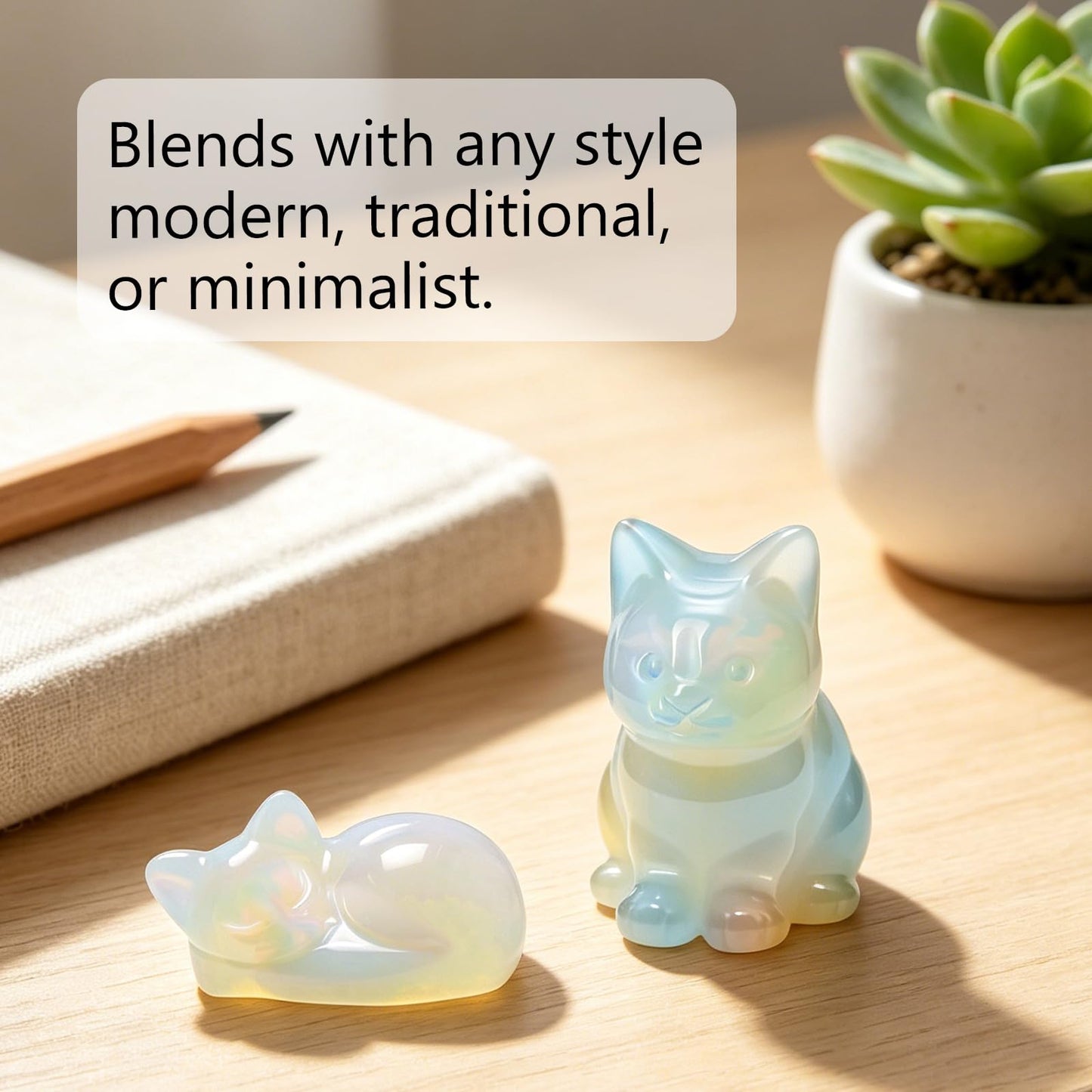 LIDSCURA 2 PCS Blue Opal Moonstone Cat Figurines Set, Sitting & Lying Crystal Cat Statues, Natural Stone Home Office Desk Decor, Gift for Cat Lovers (Includes Gift Box)