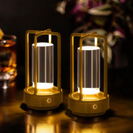 UMLAEN Rechargeable Table Lamp Cordless, 3 Color | Crystal | Stepless Dimming, for Bedroom, Cafe, Camping, Bar, Dining Table, Restaurant, Gold (2 Pack)