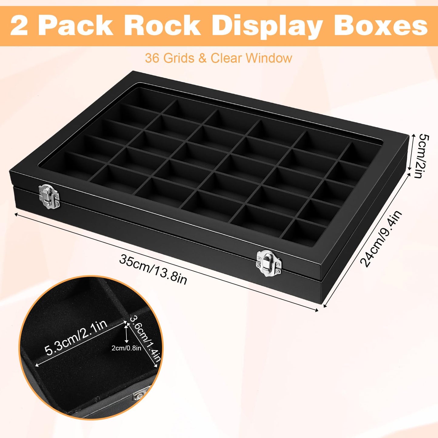 Leooomap 2 Pack 36 Grid Crystal Display Case, Rock Collection Display Case with Clear Lid & Velvet Grids - Black PU Leather Rock Storage Box for Gemstones, Minerals, Collectibles