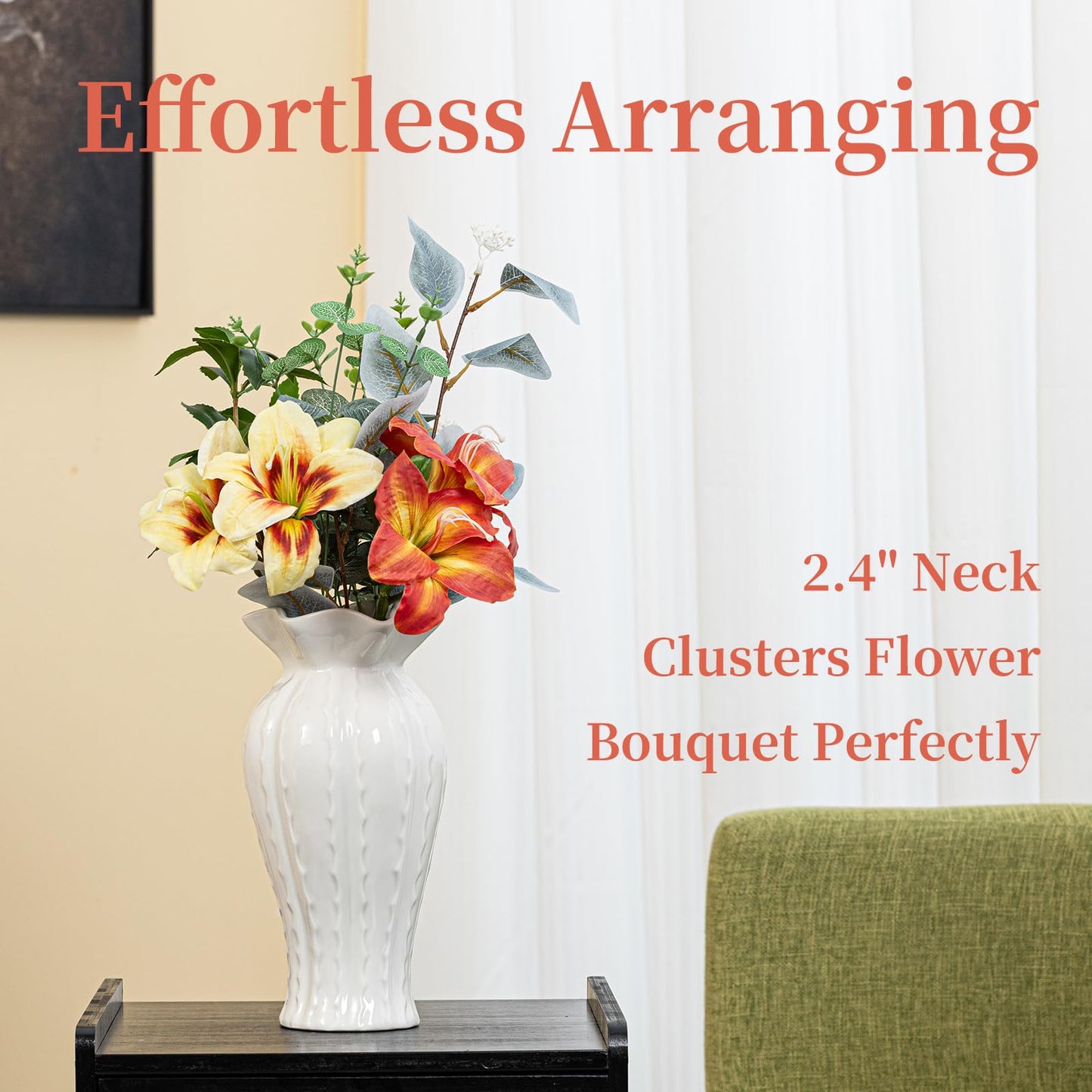 Elegant Lily Ceramic Flower Vase - 10.2" Glossy White Modern Vase for Decor Living Room, Table Centerpieces for Dining Room, Aesthetic Home Gifts