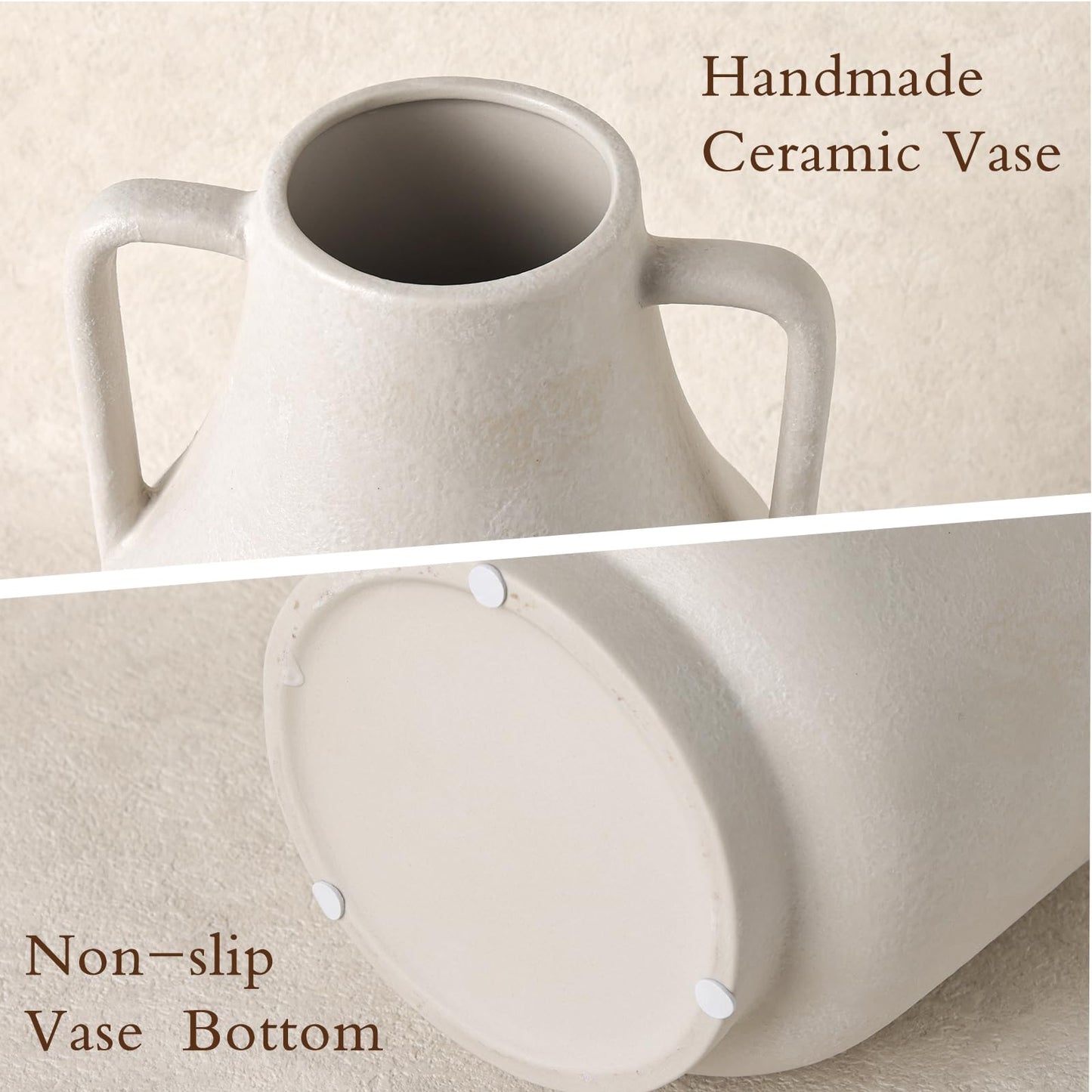 Ceramic Flower Vase with Handles, 11in Large Farmhouse Table Terracotta Vases, Waterproof Flower Pottery Vases for Home Decor, Living Room,Table, Handcrafted (Off-White)