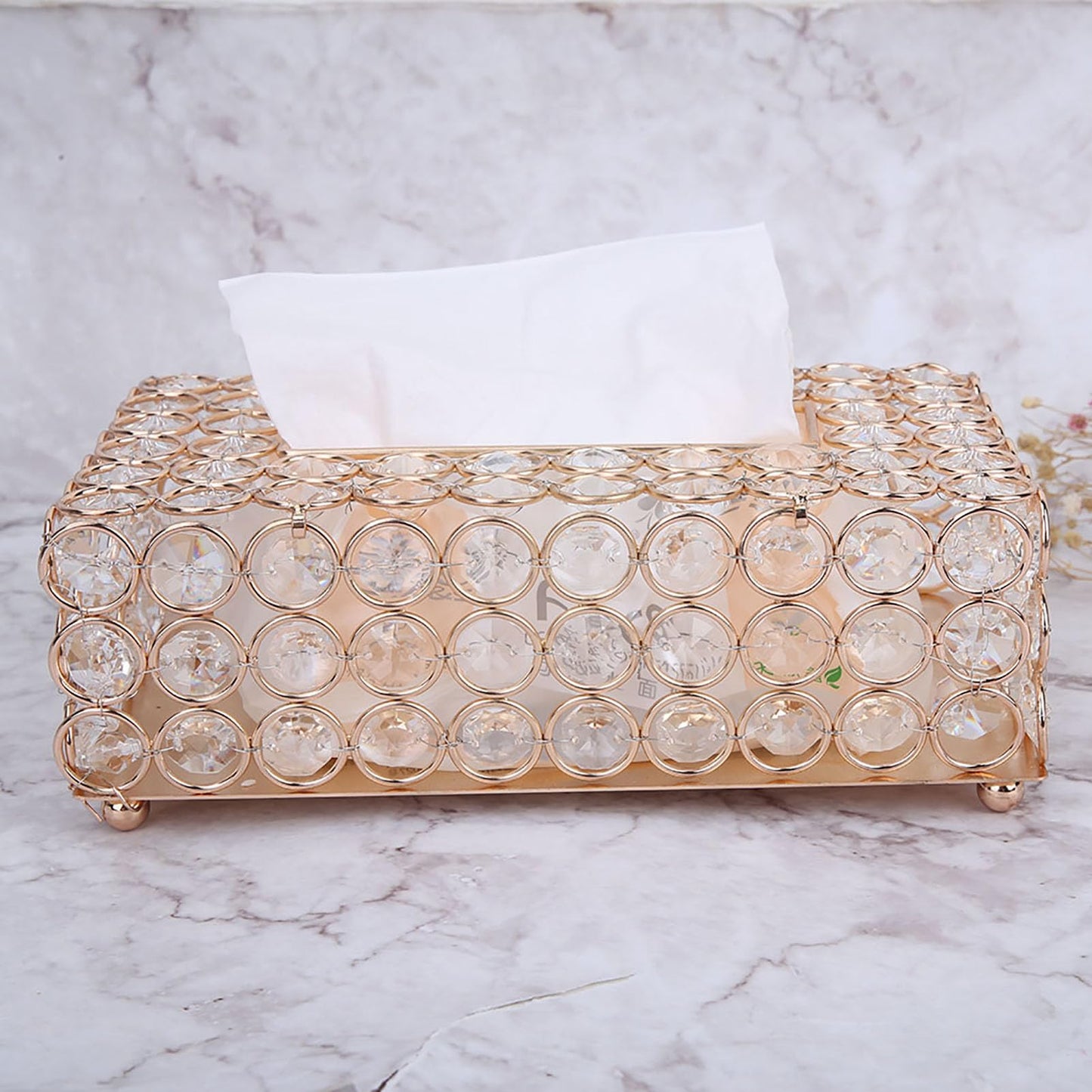 Rectangular Artificial Crystal Tissue Box Cover Stainless Steel Tissue Holder for Home and Car (Rose Gold)