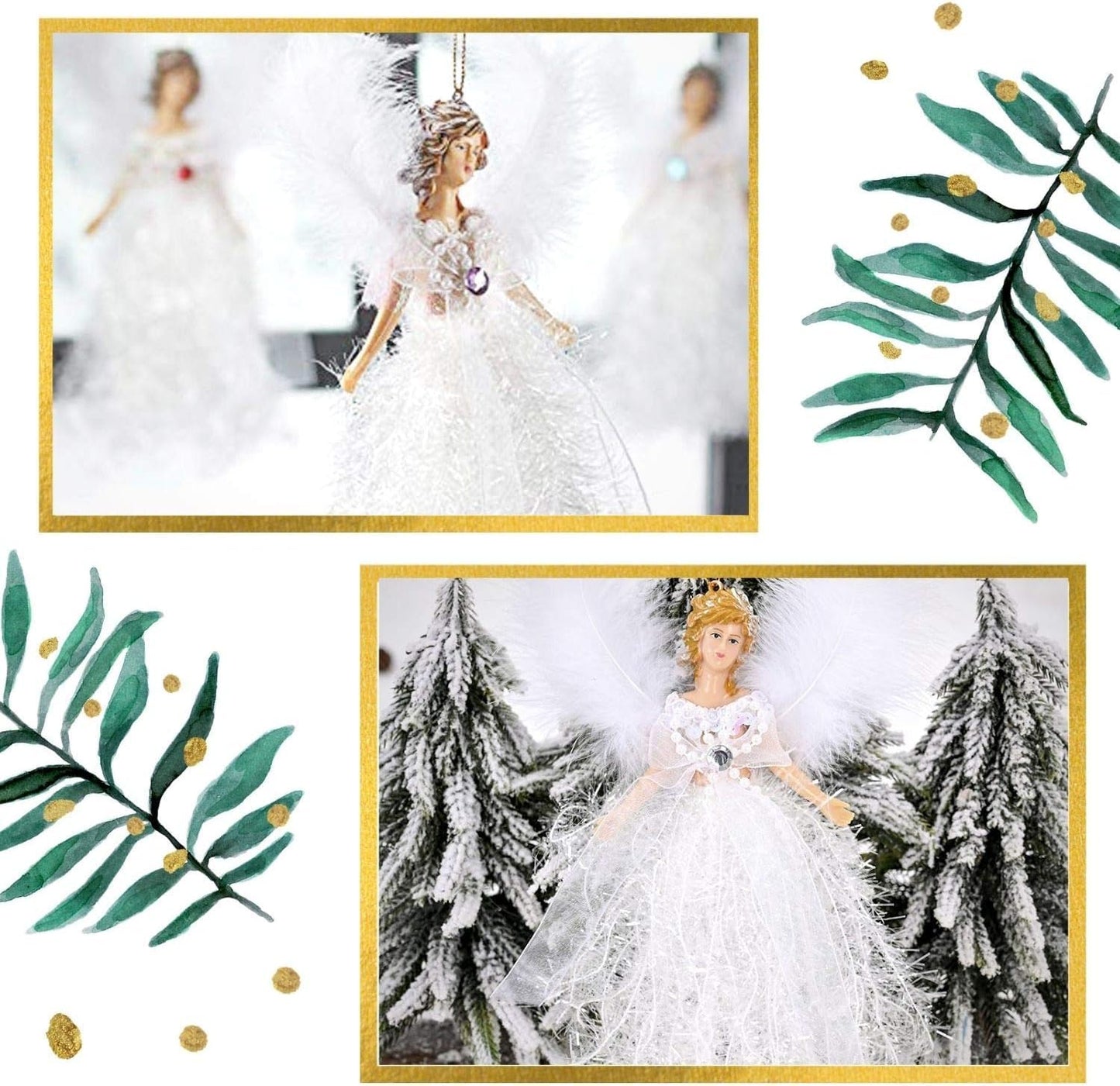 ONTODEX White Victorian Sparkle Feather Angel Christmas Tree Decoration Hanging Pendant Holiday Birthday Party Ornaments - 1 Piece