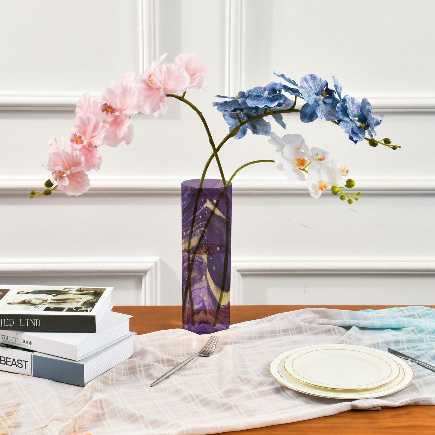Msyxl Purple Gold Marble Flower Vase 3.9x11.8 in Table Centerpiece Plastic Vase Tabletop Display Bouquet Holder for Home and Wedding Decoration