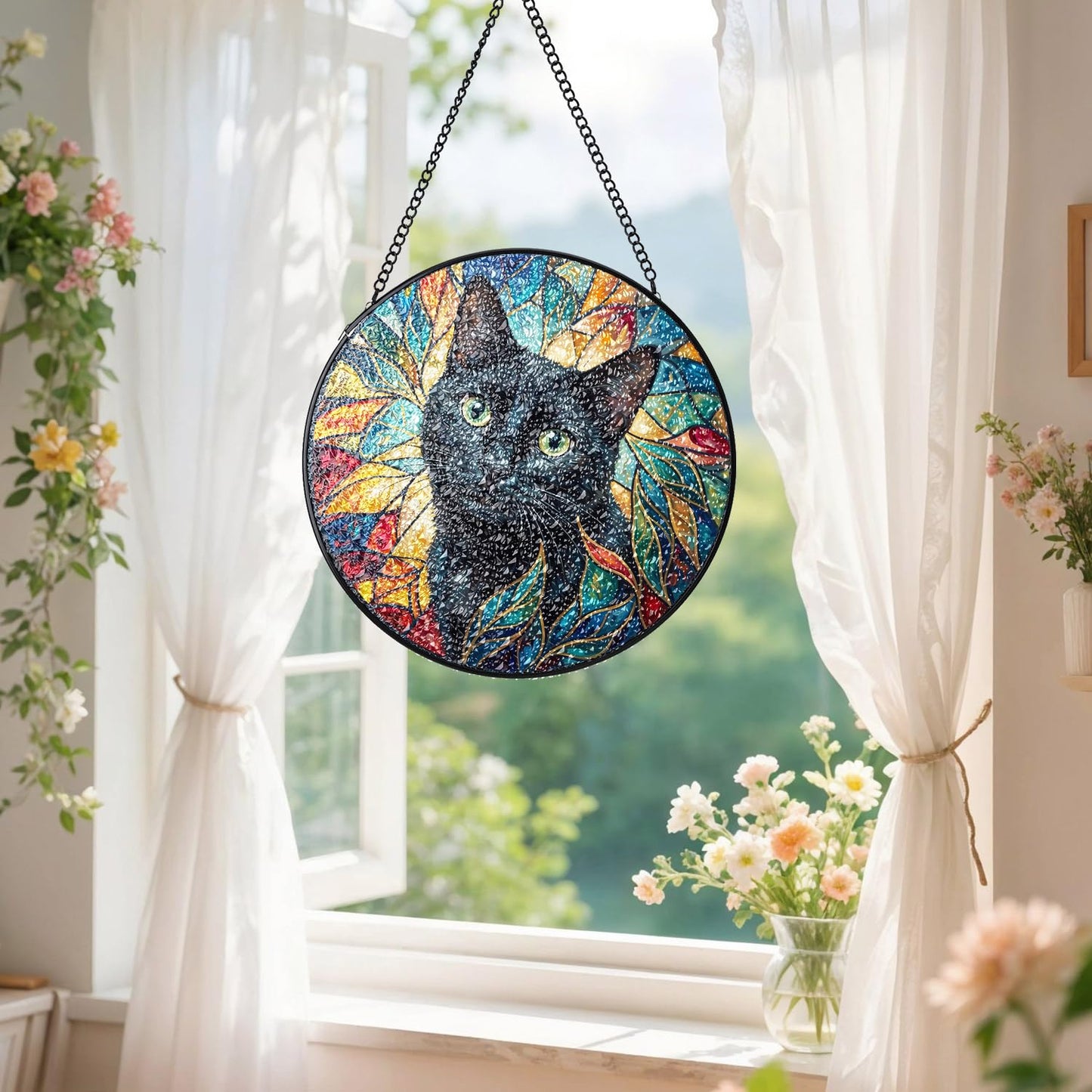 Stained Glass Window Hanging, Black Cat Stained Glass Style Leaves Suncatchers Glass, Sun Catcher Decoration Wall Decor, Cat Lover Gifts, Mother Gifts