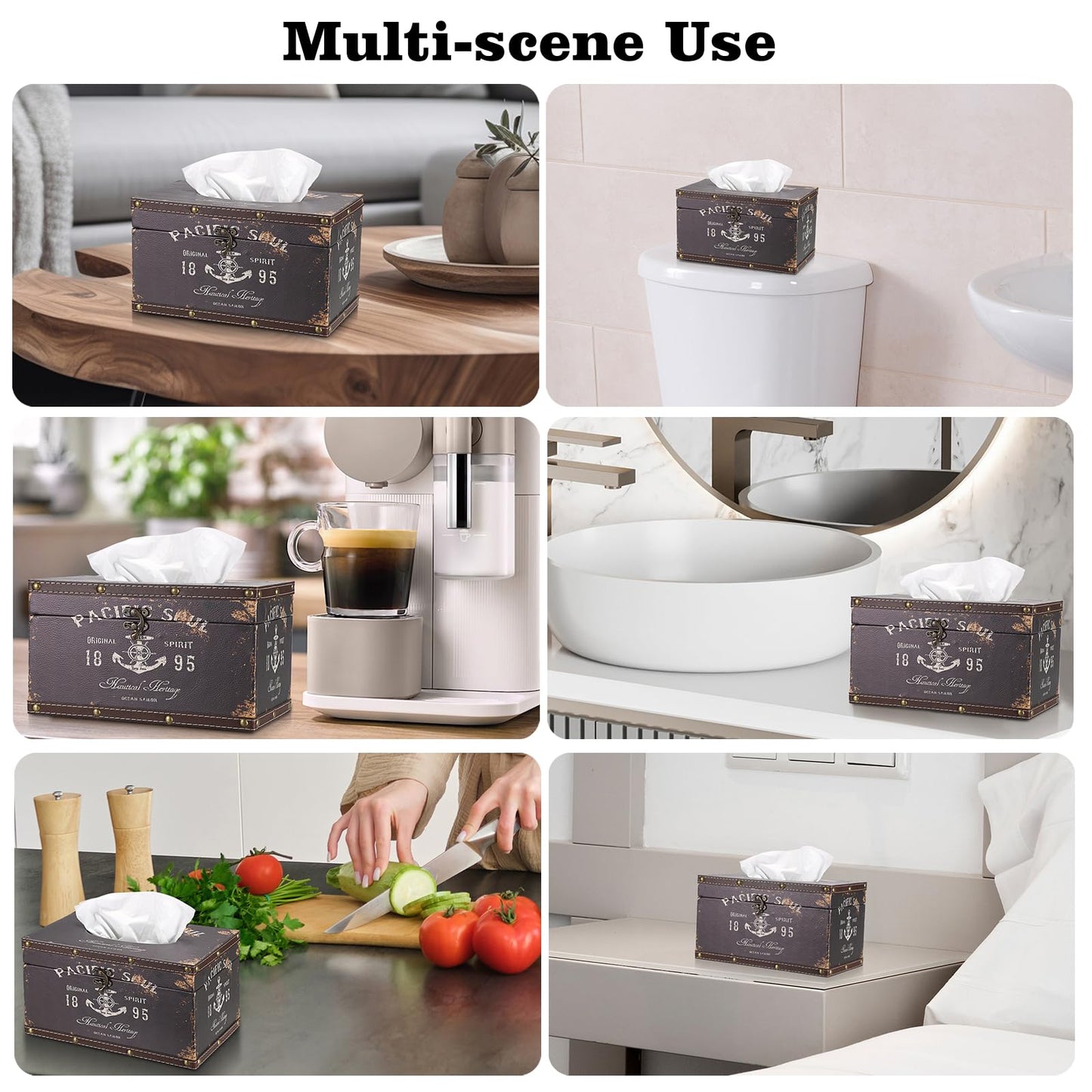 Sumnacon Tissue Box Cover Rectangle Wood Tissue Box with Hinged Lid, Vintage PU Tissue Box Holder Retro Brown Tissue Cover for Bathroom Toilet Bedroom Kitchen Office Table Desk, Large
