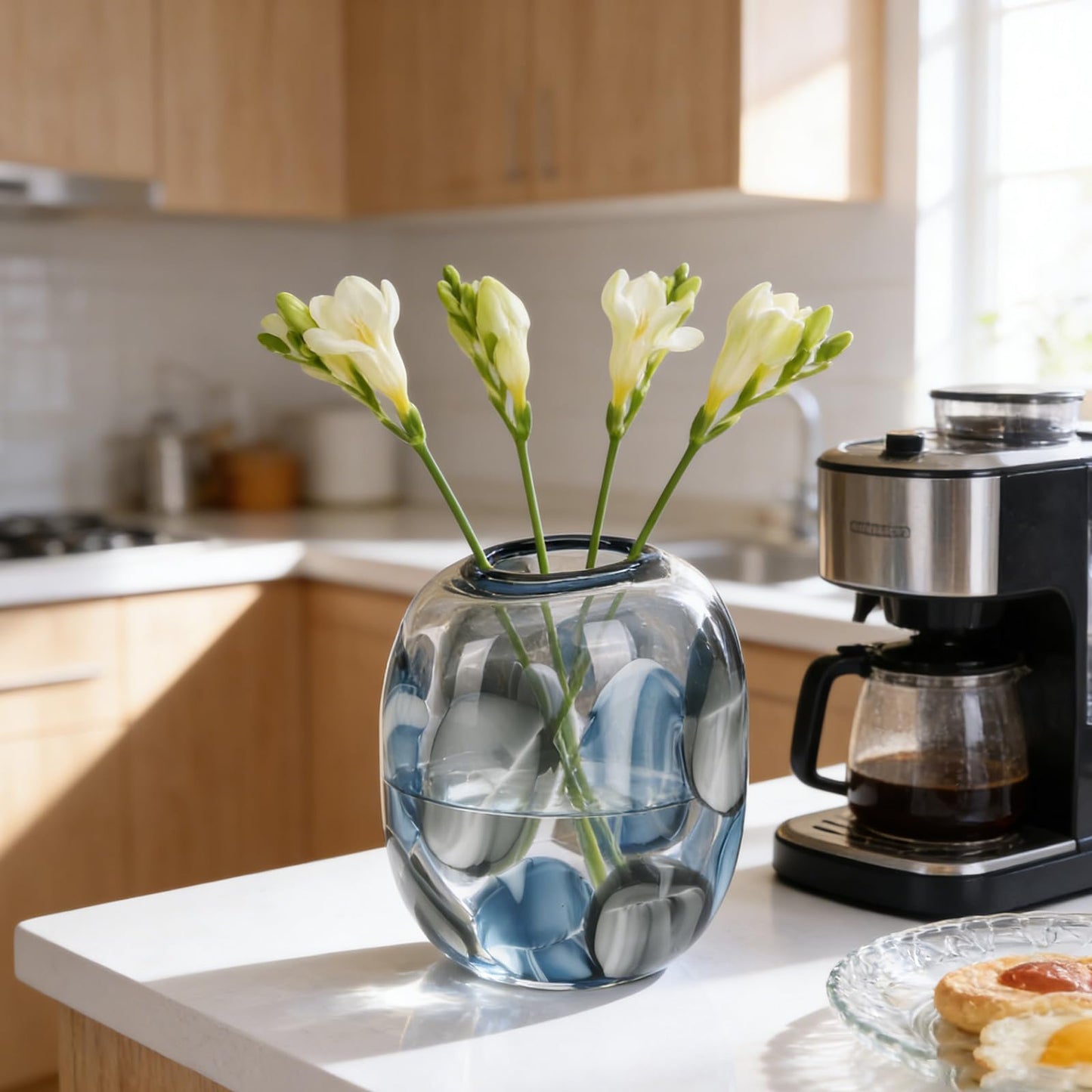 oliruim 8.4" H - Hand Blown Blue Glass Vase, Wide Mouth Round Vase for Flowers, Beautiful Modern Coastal Decor for Home Living Room Bedroom Tabletop Centerpiece (Small)