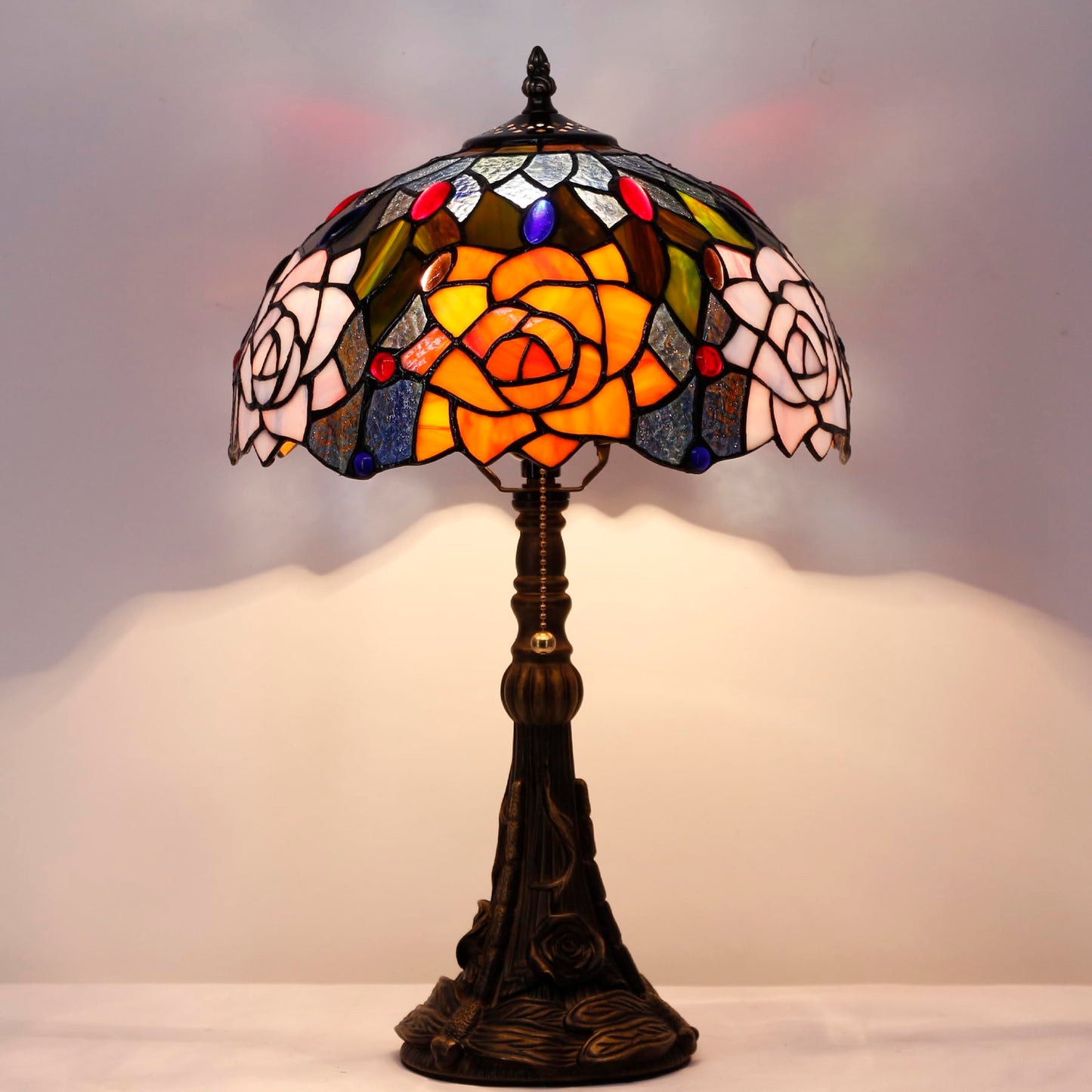 ANYONGLU Tiffany Lamp Stained Glass Table Lamp 12X12X19 Inch Resin Base for Desk Bedroom Living Room Reading Light(Purple Orange Rose Flower)
