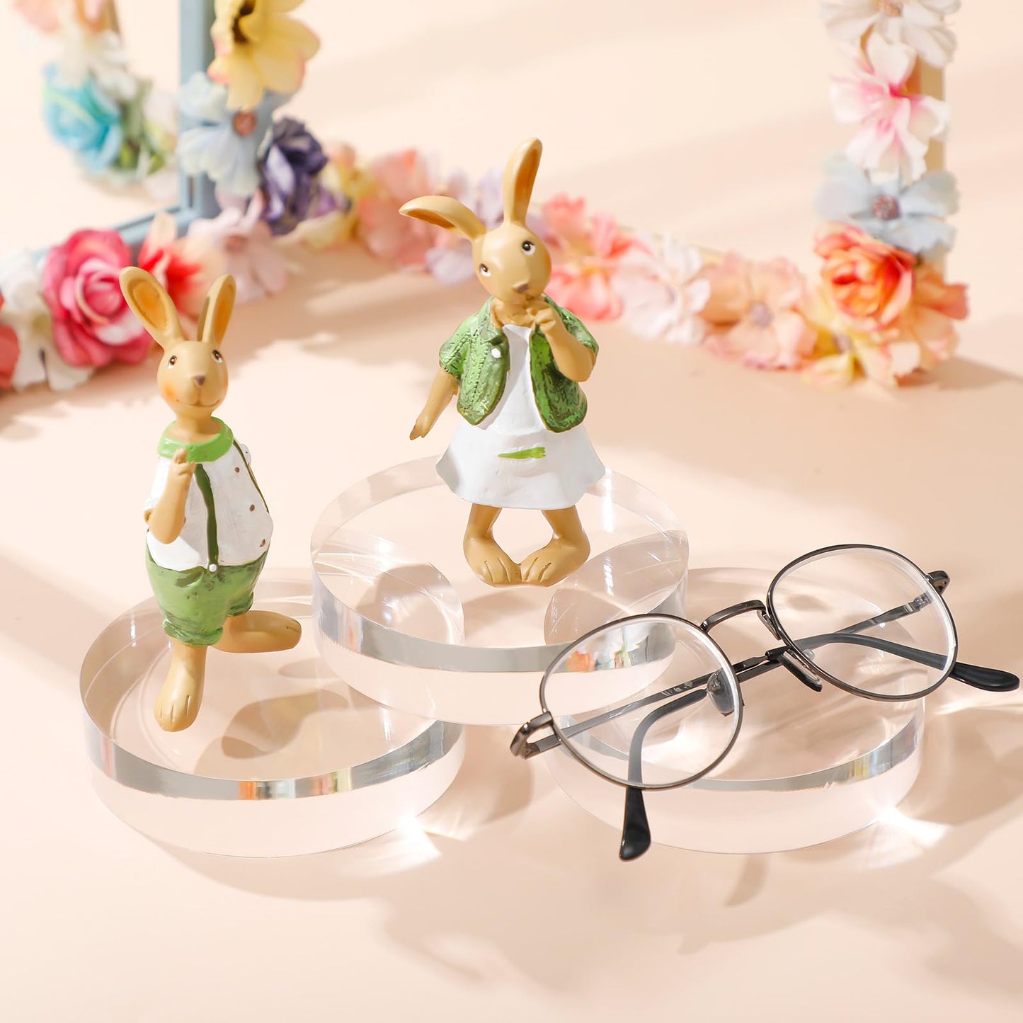 Barydat 4 Pack Acrylic Round Display Blocks Clear Polished Acrylic Jewelry Display Stand Holder Trophy Ring Showcase Base for Table Showing(4" X 4" X 1")