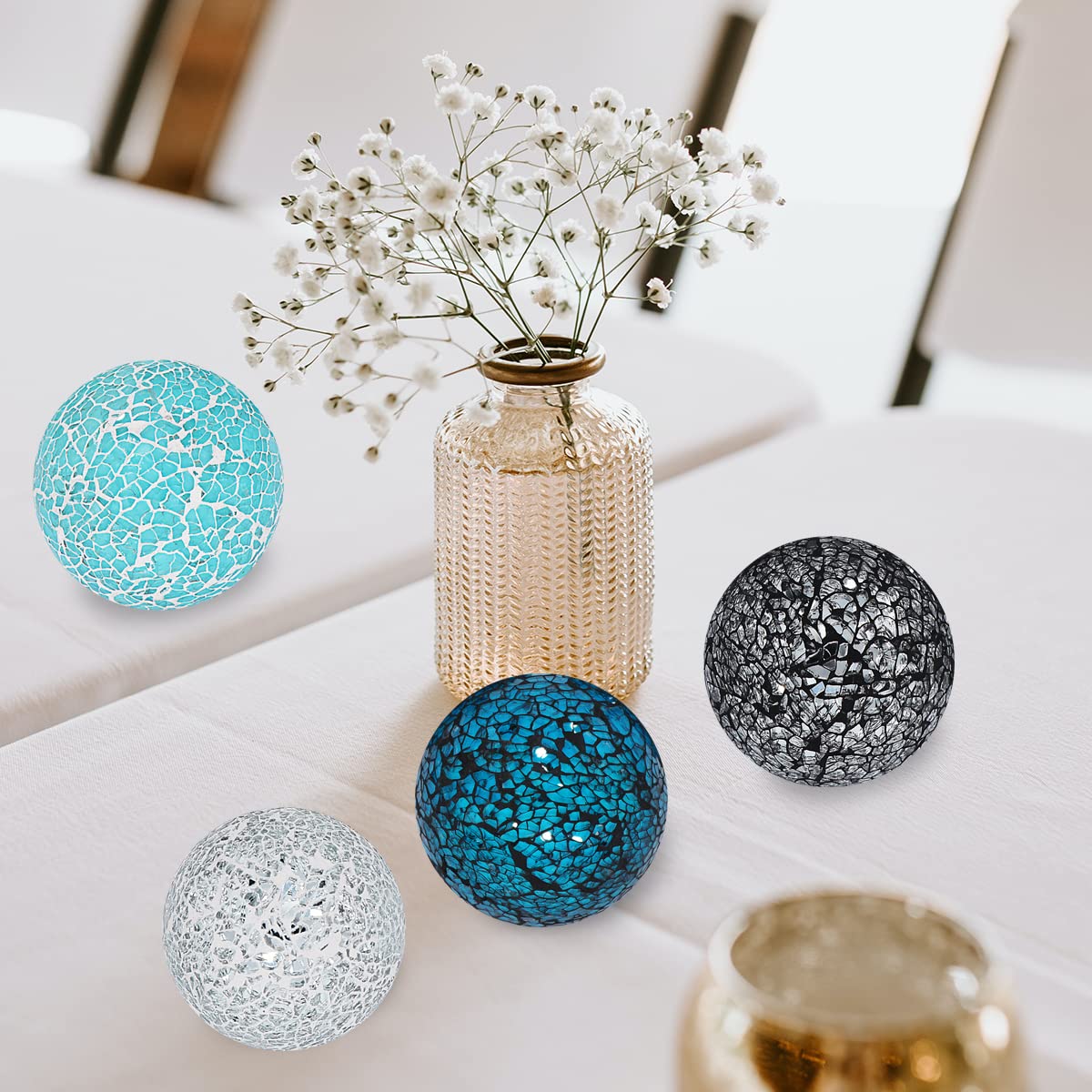 Kunjocy 3 Pieces Decorative Glass Orbs 4 Inch Glass Mosaic Sphere Balls Centerpiece Balls for Bowls Vases Dining Table Decor (Blue)