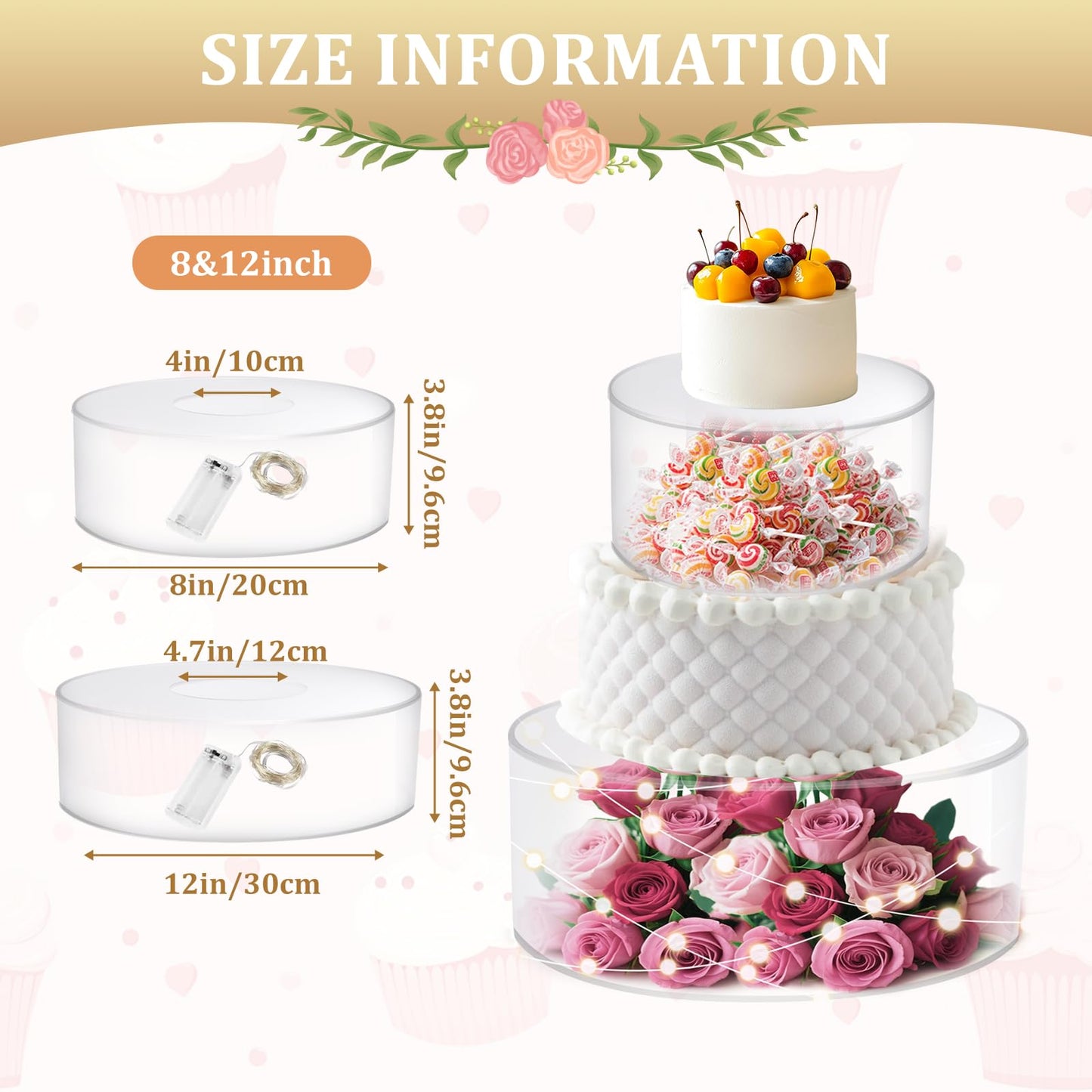 CRAFTIFANO 2Pcs Acrylic Cake Display Stand 8'' 12'' Round 2Tier Clear Cylinder Cake Box for Wedding Birthday Party Decor (8 /12 Inch)