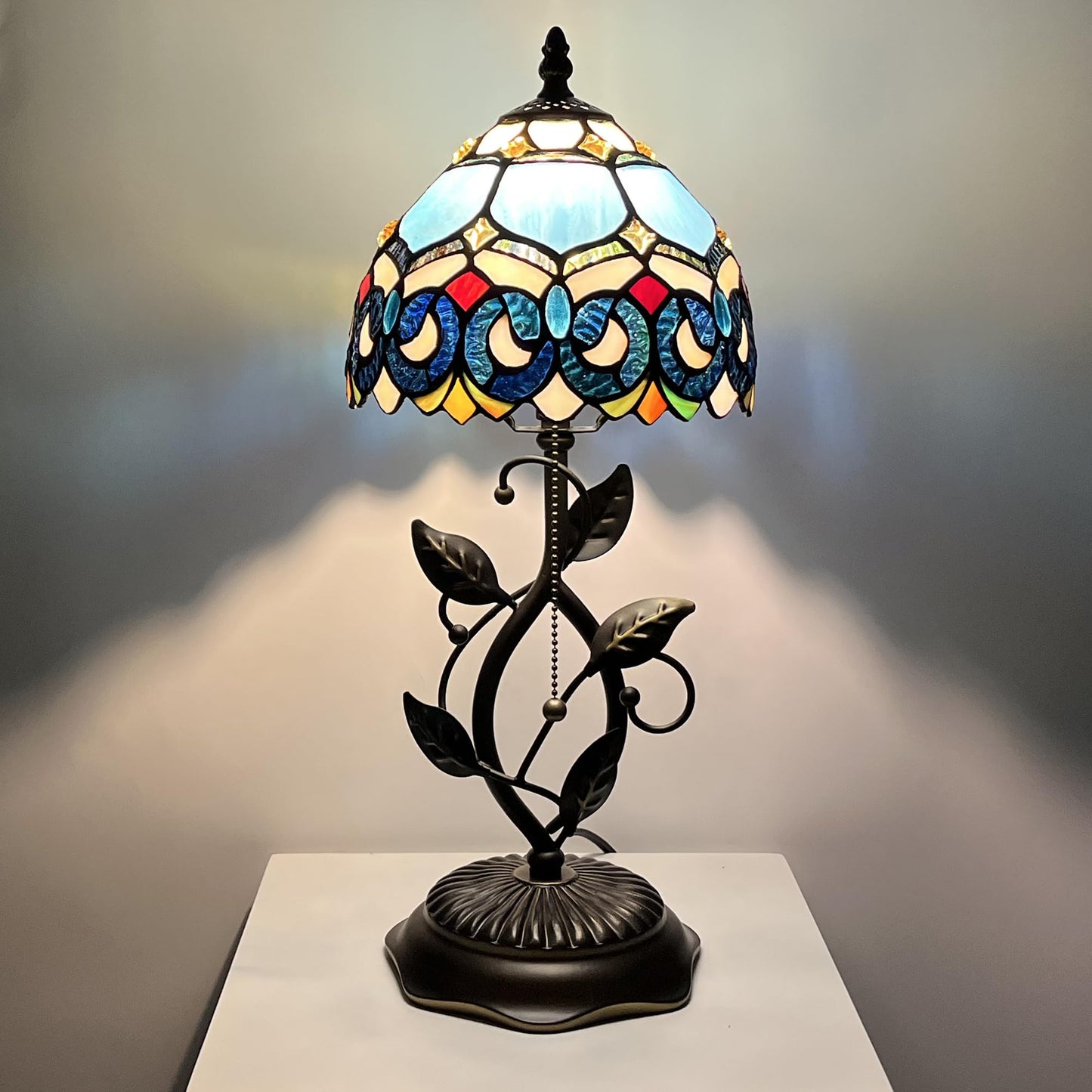 MQYXH Tiffany Style Stained Glass Table Lamp Blue Jewelry Baroque 18 Inch