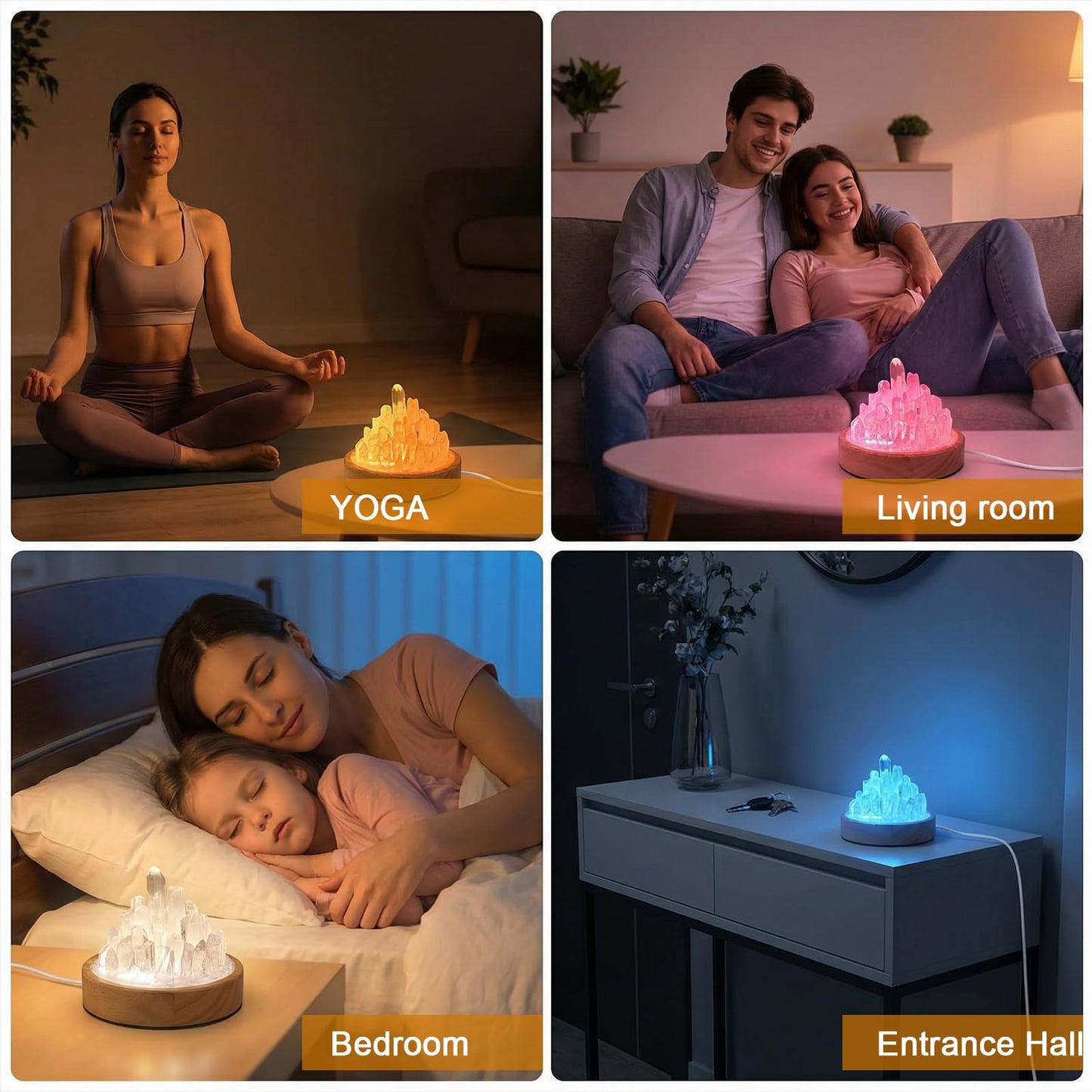 HayBaroda Clear Quartz Night Light - Healing Crystal Night Light Natural Crystal Bedside Lamp with Wooden Base, USB Port, Soft Warm Glow for Bedroom, Nursery, Office & Home Decor