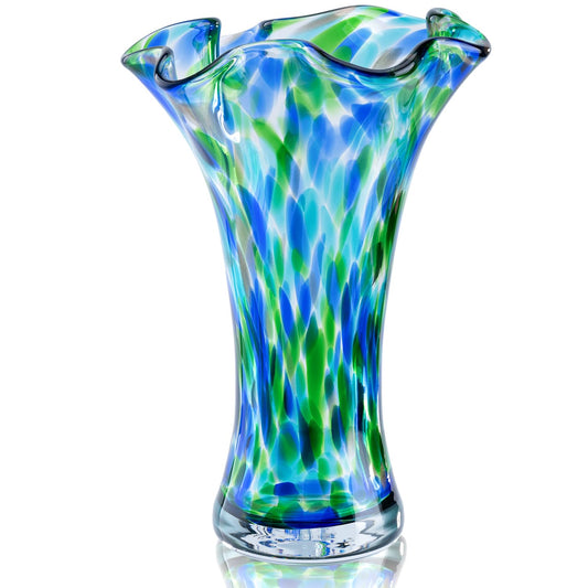 Hand Blown Glass Vase for Flowers, 9" Unique Murano Style Art Glass Vase, Wide Mouth Teal Turquoise Swirl Decorative Colorful Blue Green Vases for Home Decor, Living Room Table Centerpiece,Shelf
