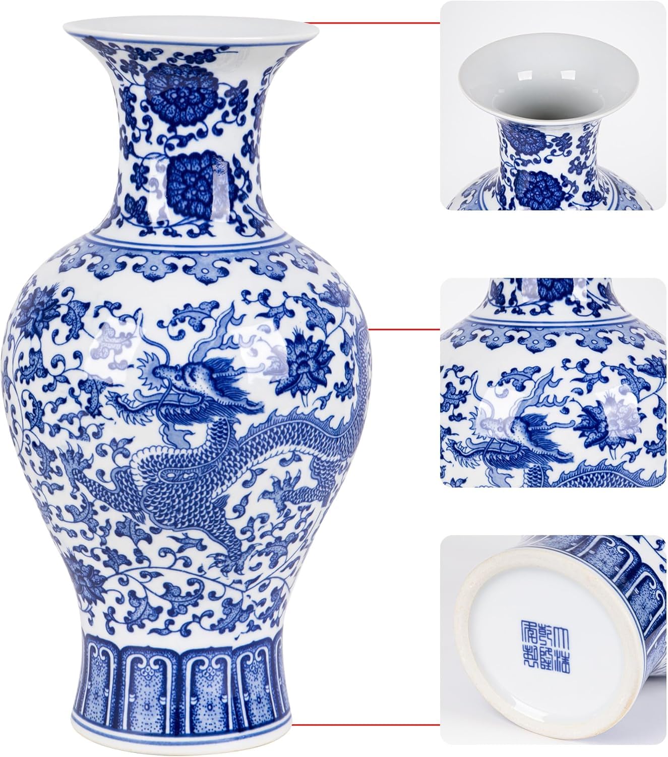 SILINE 12.4” Classic Blue and White Porcelain Vase, Art Decor Big Vase,China Jingdezhen Handmade Ceramic Flower Bottle -YuweiPing