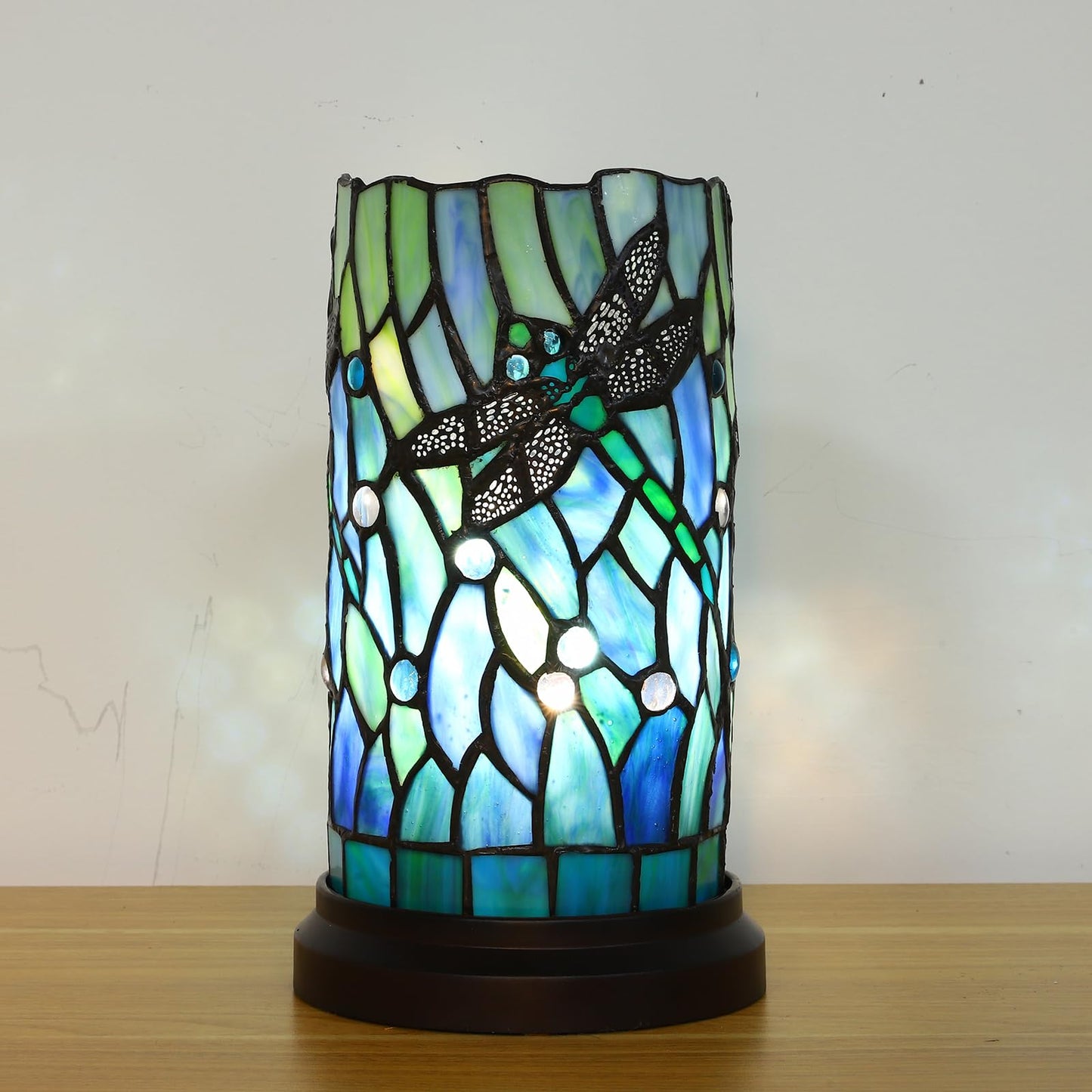 KALOUFUL Tiffany Style Table Lamp for Bedroom Baroque Stained Glass Nightstand Bedside Night Lamp Party Light Hand-Made Art Home Deco Christmas Gifts W/ 2 LED Bulbs (3 Color Temperatures+Flame Bulb)