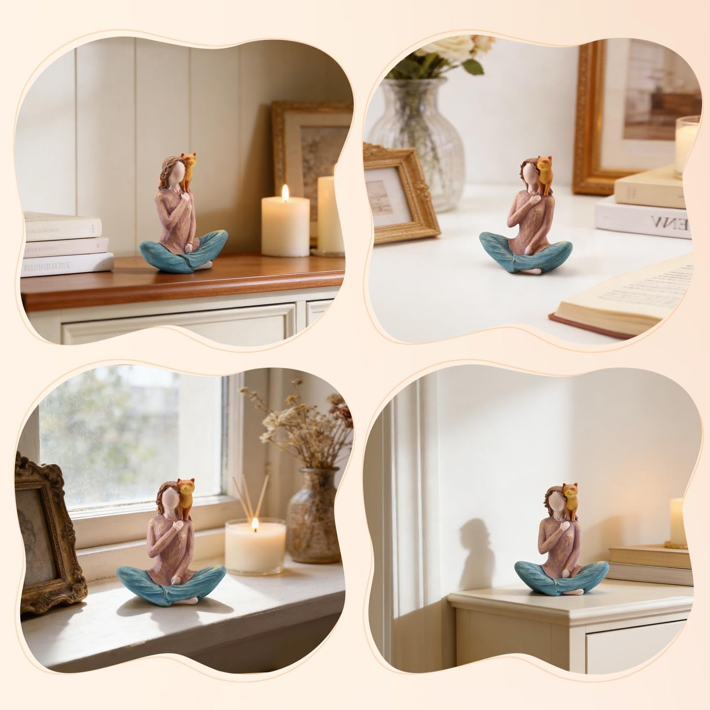 Yoga Girl with Cat Figurine, 5.1" Shelf Decor, Gift for Cat Lovers