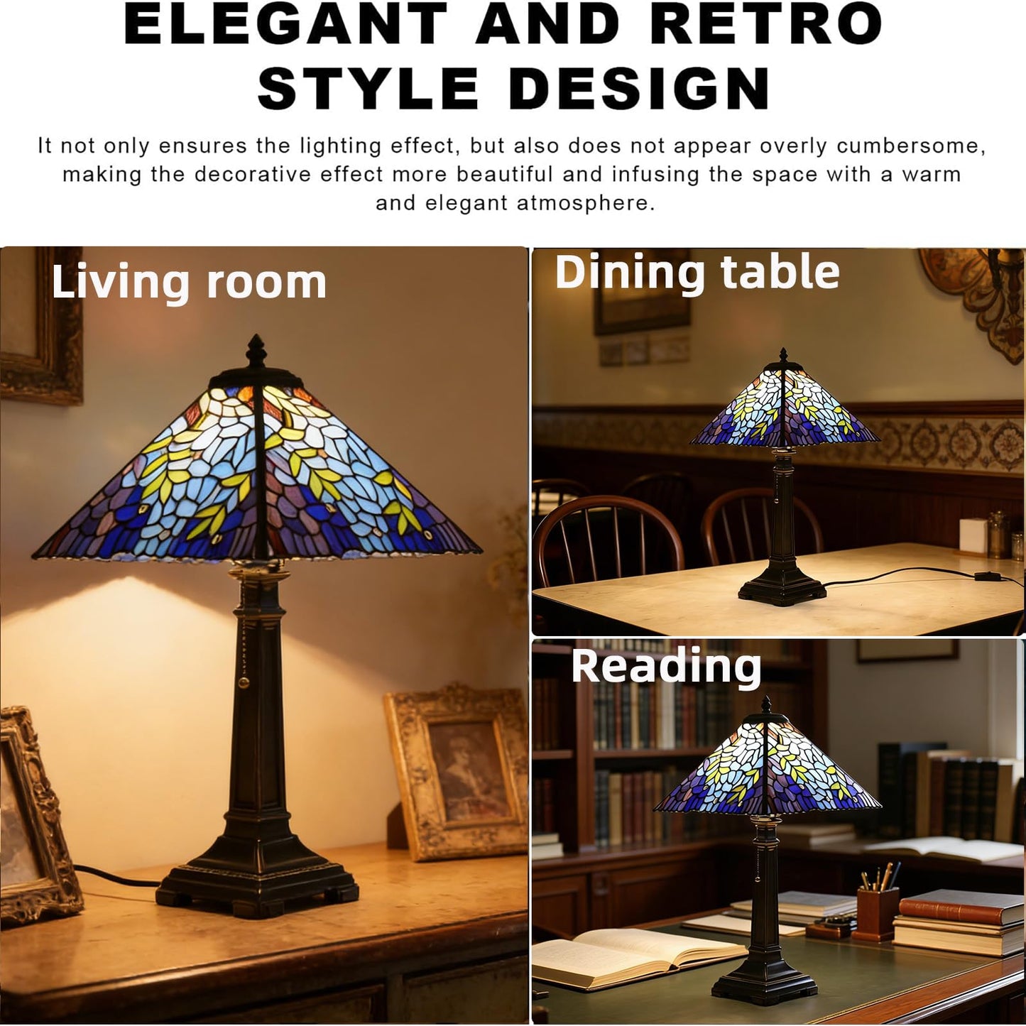 TFNTCYG Tiffany Style Table Lamp,Wisteria Stained Glass Lamp,12x12x22 Inch Resin Base Antique Bronze Finish Decorative Desk Night Light for Bedroom Living Room