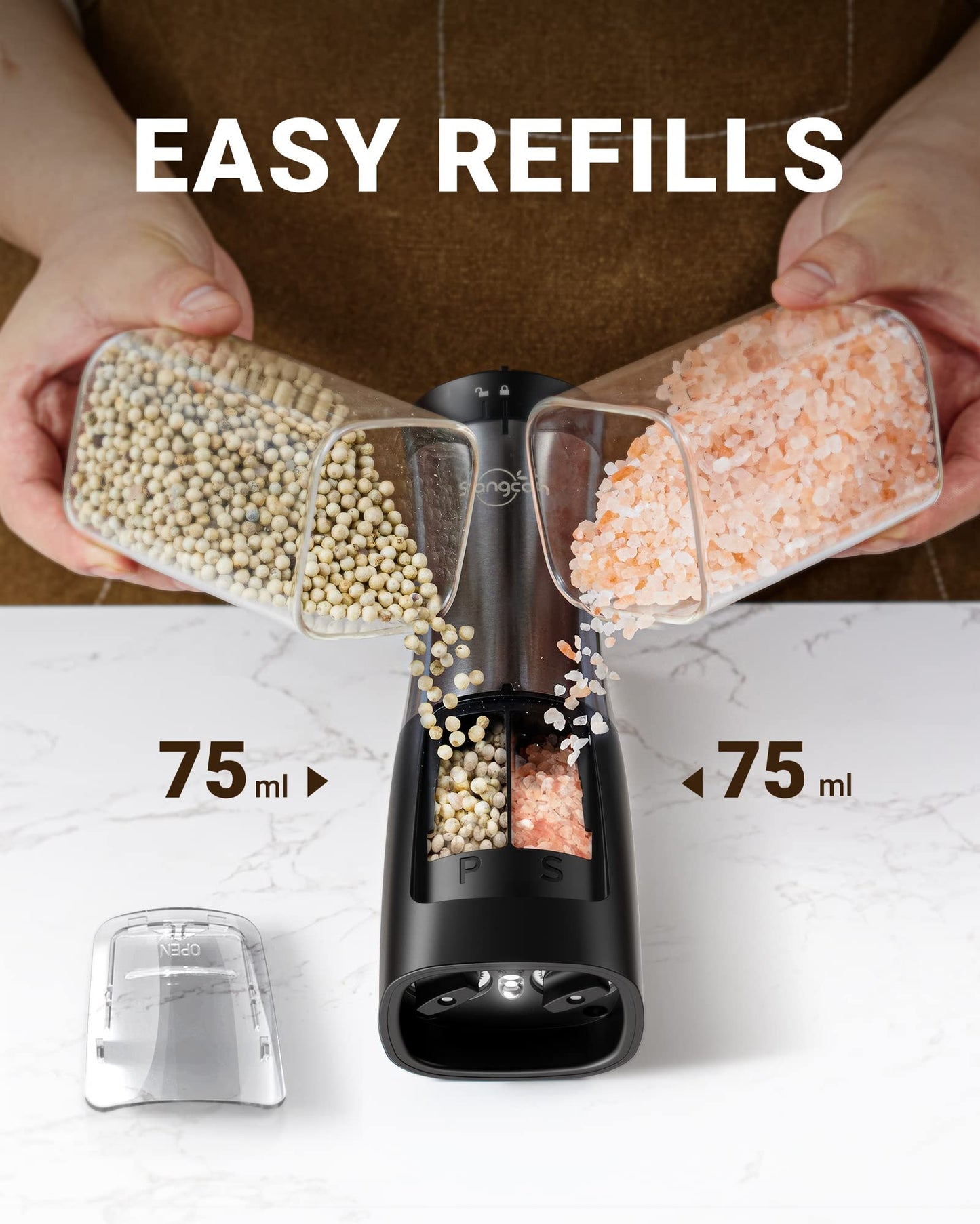 Sangcon 2-in-1 Electric Salt and Pepper Grinder, One Grinder for Two Seasonings, Automatic One-Handed Operation with Light, Adjustable Ceramic Mill, Refillable & Battery Powered