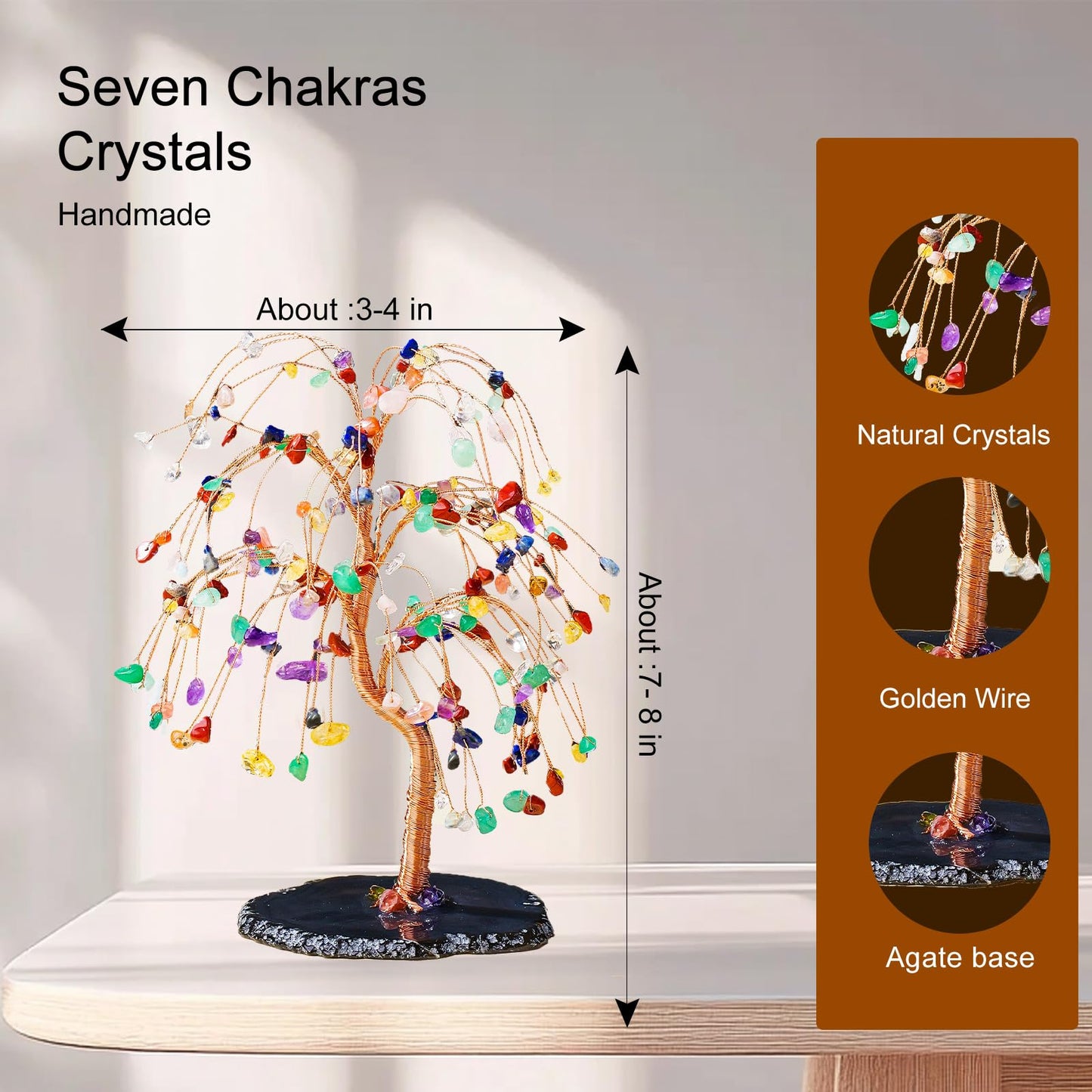 Runyangshi Chakra Crystal Tree of Life Handmade with Copper Wire - 7-8" Natural Healing Crystal Willow Tree Geode Agate Slices Base for Home Decor, Feng Shui Gifts, Office Desk Ornament