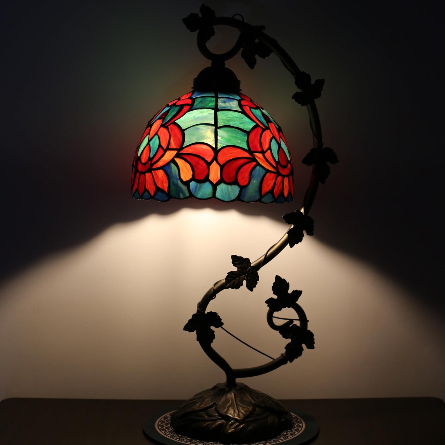 ZYLINX Small Tiffany Lamp Stained Glass Desk Reading Light Red Lotus Style