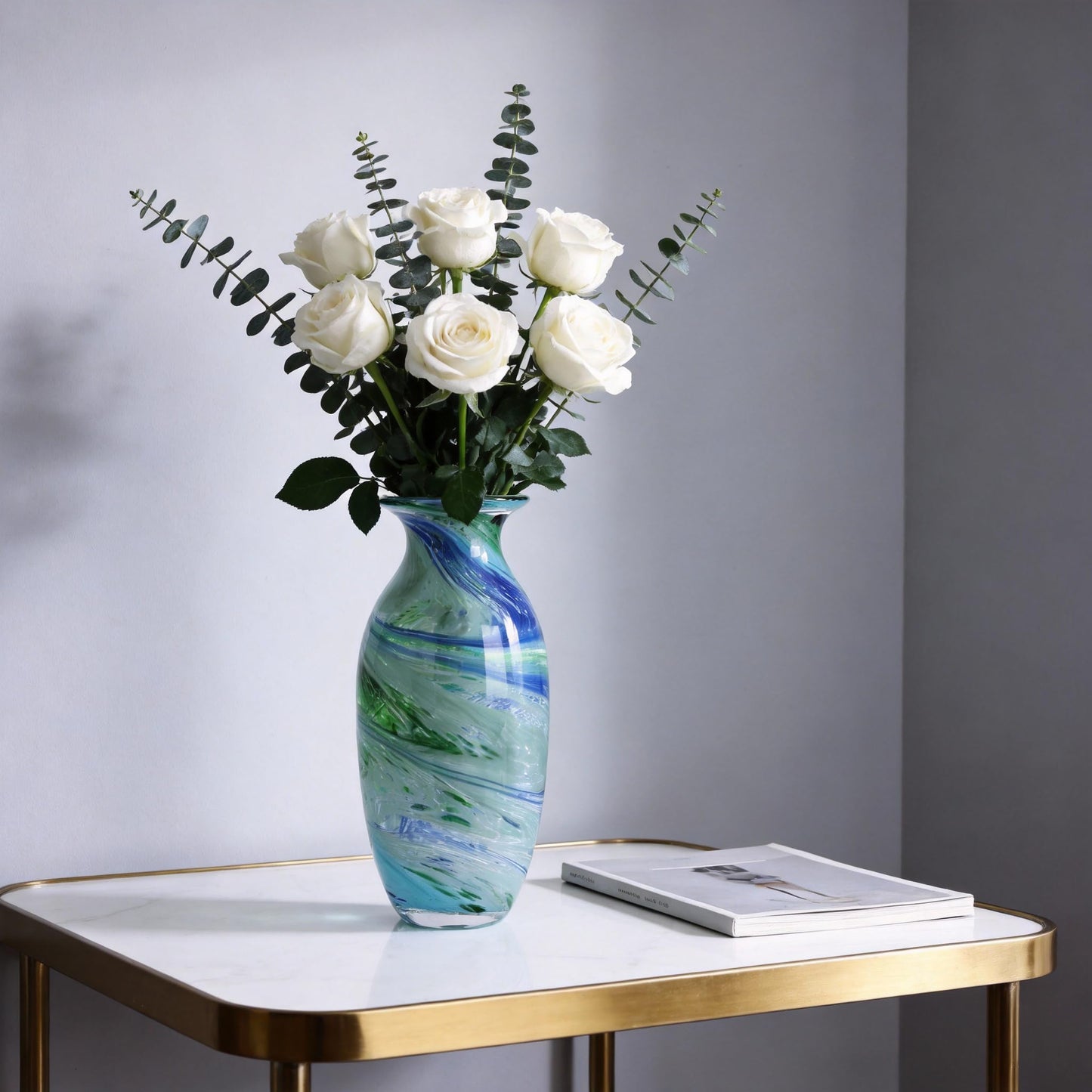 Hand Blown Glass vase, Blue Green Wide Mouth vase, Contemporary Glass Art Suitable for Display on Living Room Dining Tables, in Offices, bathrooms, Coffee Tables and hallways.