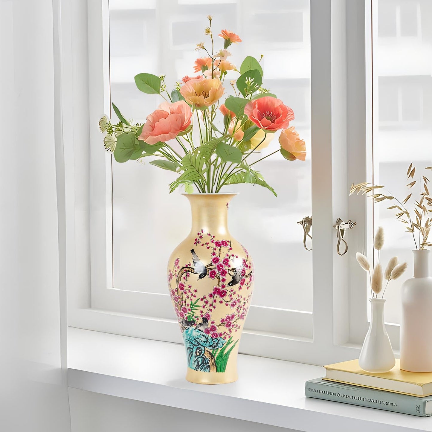 Houlu 14-inch Golden Ceramic Flower Vase for Centerpieces, Decorative Vase for Flowers