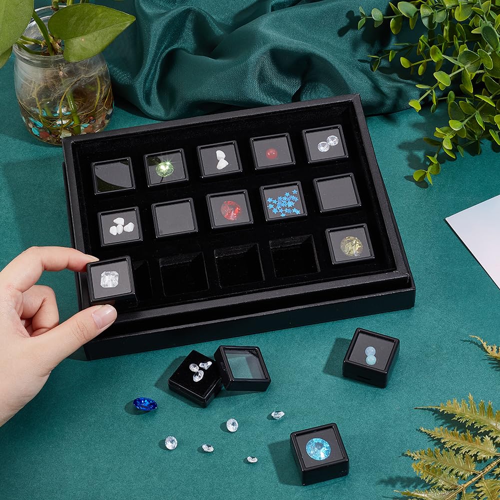 PH PandaHall Gemstone Display Boxes, Black Plastic Gem Box Loose Diamond Conrainers Jewelry Holder with 1.16" 15pcs Small Black Square Storage Box with Sponge for Small Item, Gems, Diamonds