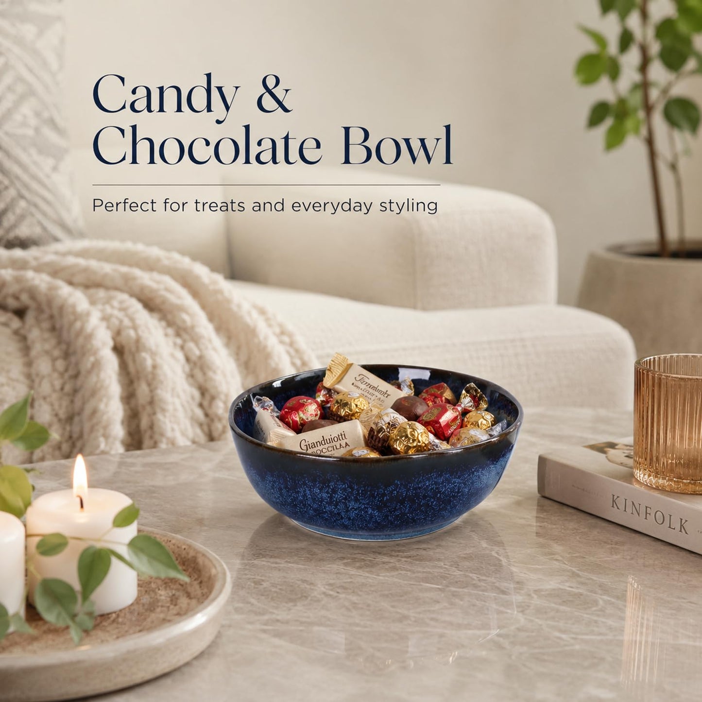 XIYOUQI Blue Ceramic Bowl, 7.5in Decorative Serving Bowl for Coffee Table Decor