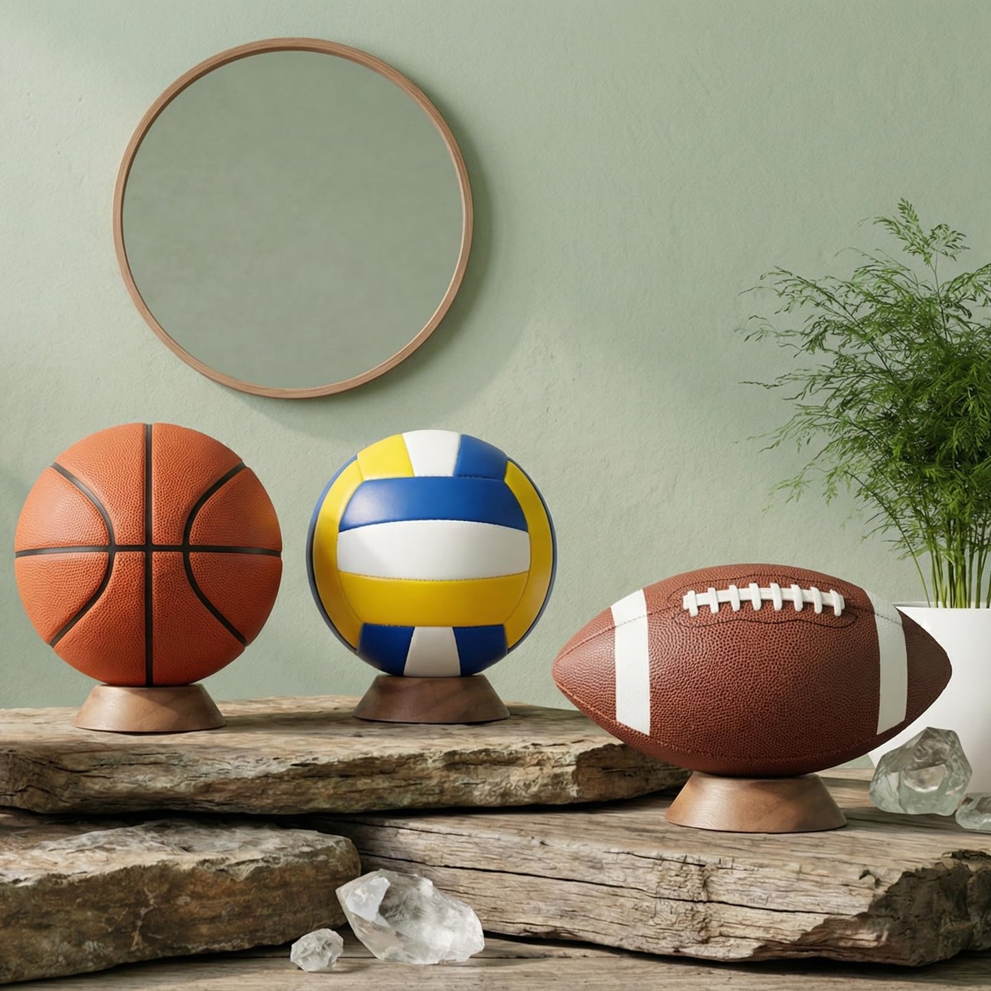 JUXYES Wooden Sphere Holder Display Stand, 3 Pack Large Wood Sport Ball Stand, Simple Round Display Easel Stands for Soccer Ball, Footballs, Baseball, Tolleyball, Basketball, Rugby