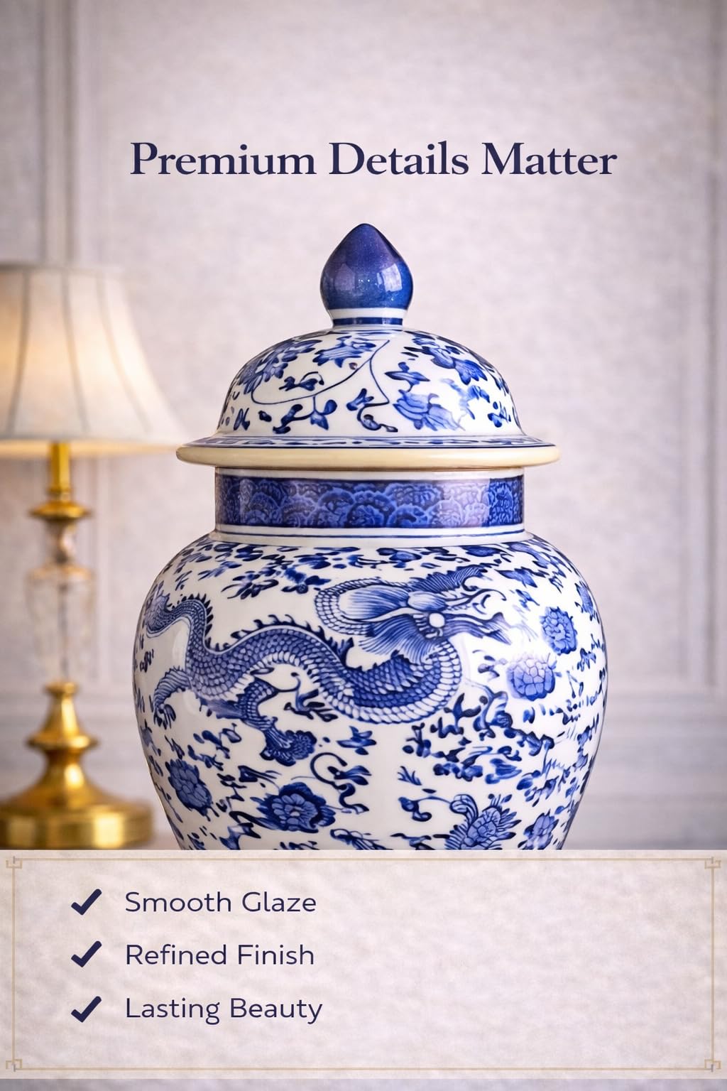 20" Classic Blue and White Floral Porcelain Ceramic Temple Ginger Jar Vase, Large China Qing Style (Dragon1)