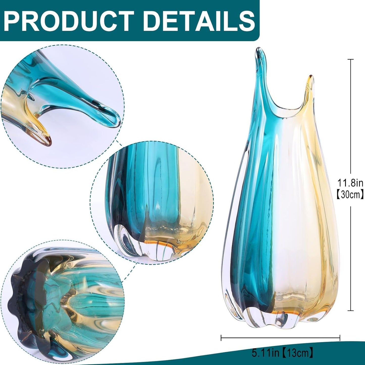 Hand Blown Glass Vase, Medium Wide Mouth Flower Vase Unique Modern Turquoise Glass Art Decor, Nonbreakable Vases for Table Centerpieces Living Room Decorative Amber and Teal Vase