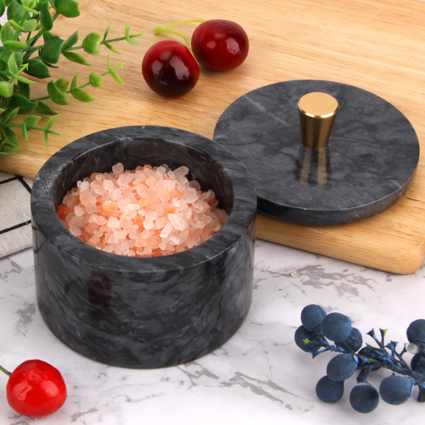Stonemanus Marble Salt Cellar with Lid, 4 inch Natural Stone Salt Pepper Box, Alloy Lid for Kitchen Countertop Storage (Dark Grey, 4 * 3.5)