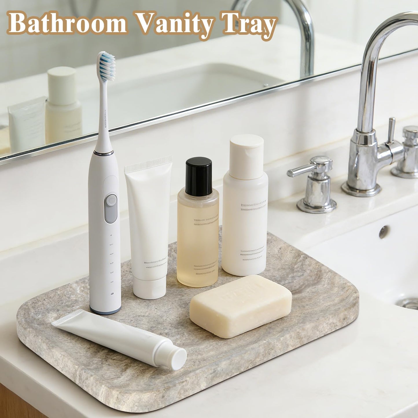 Moujings Natural Travertine Vanity Tray - Decorative Stone Marble Tray for Bathroom Countertop, Elegant Organizer for Home Decor, Jewelry, Candle, Makeup, Kitchen and Dresser Decor