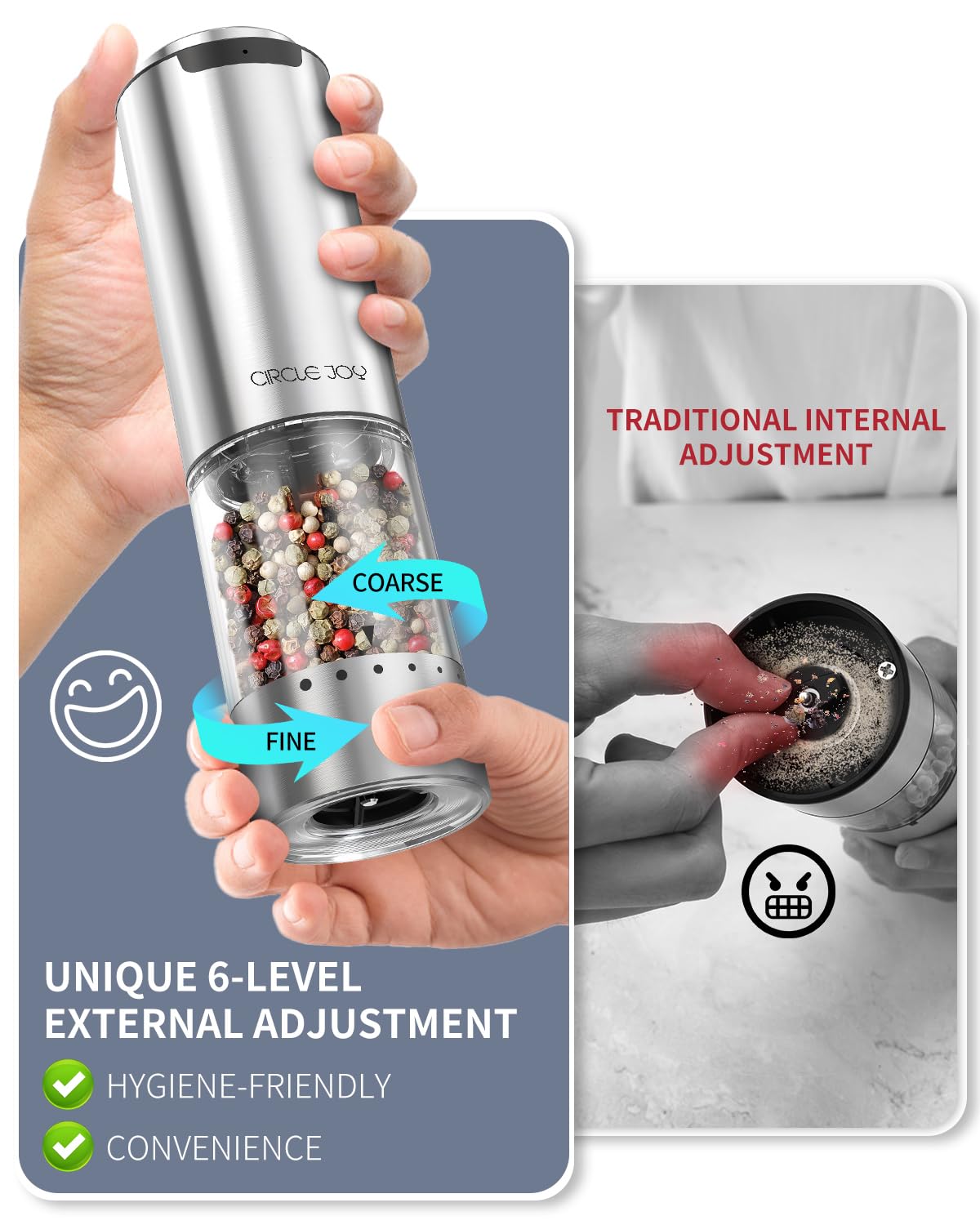 CIRCLE JOY Rechargeable Electric Salt and Pepper Grinder Set with Base, Stainless Steel Pepper Mills with 95ml Container, White LED Light and External Adjustable Coarseness, Silver