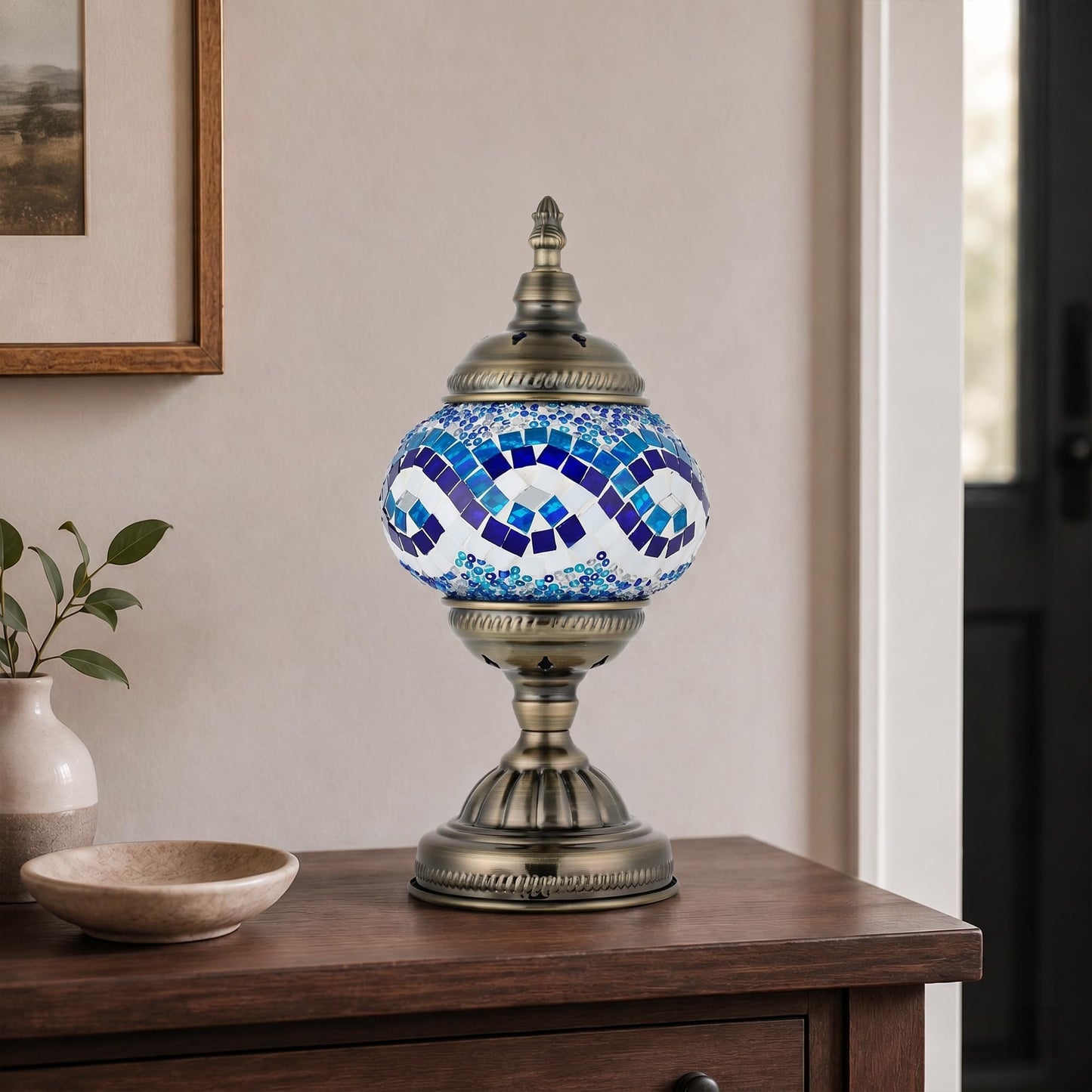 GOGERS Turkish Moroccan Table Lamp Lantern with Handmade Mosaic Glass Lampshade Tiffany Style Bohemian Stained Glass Decorative Desk Lamps Bedside Night Lights for Bedroom (White Multiple Blues)