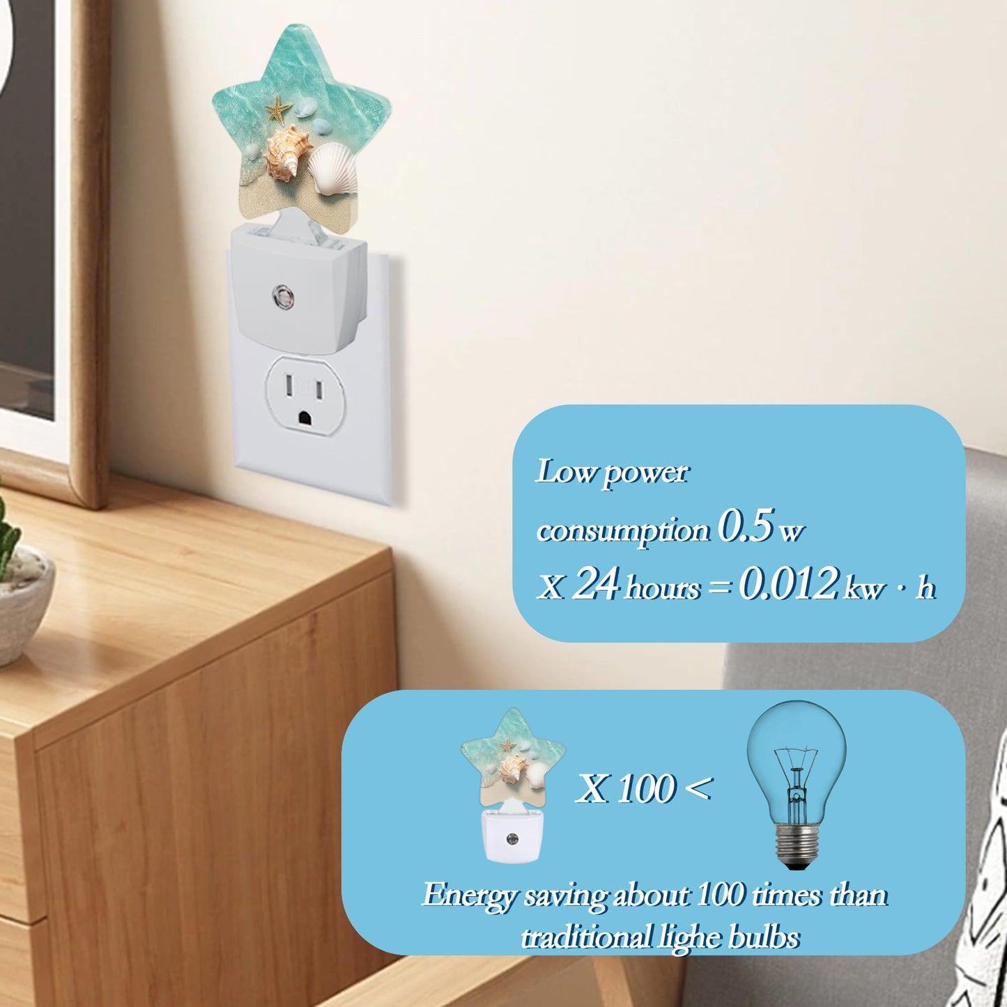 SKYDAWNY Beach Starfish Shells Plug-in Night Light with Dusk-to-Dawn Sensor for Bathroom,Bedroom and Hallway Sleep Friendly Lamp for Women/Girls/Boys Gift,0.5w