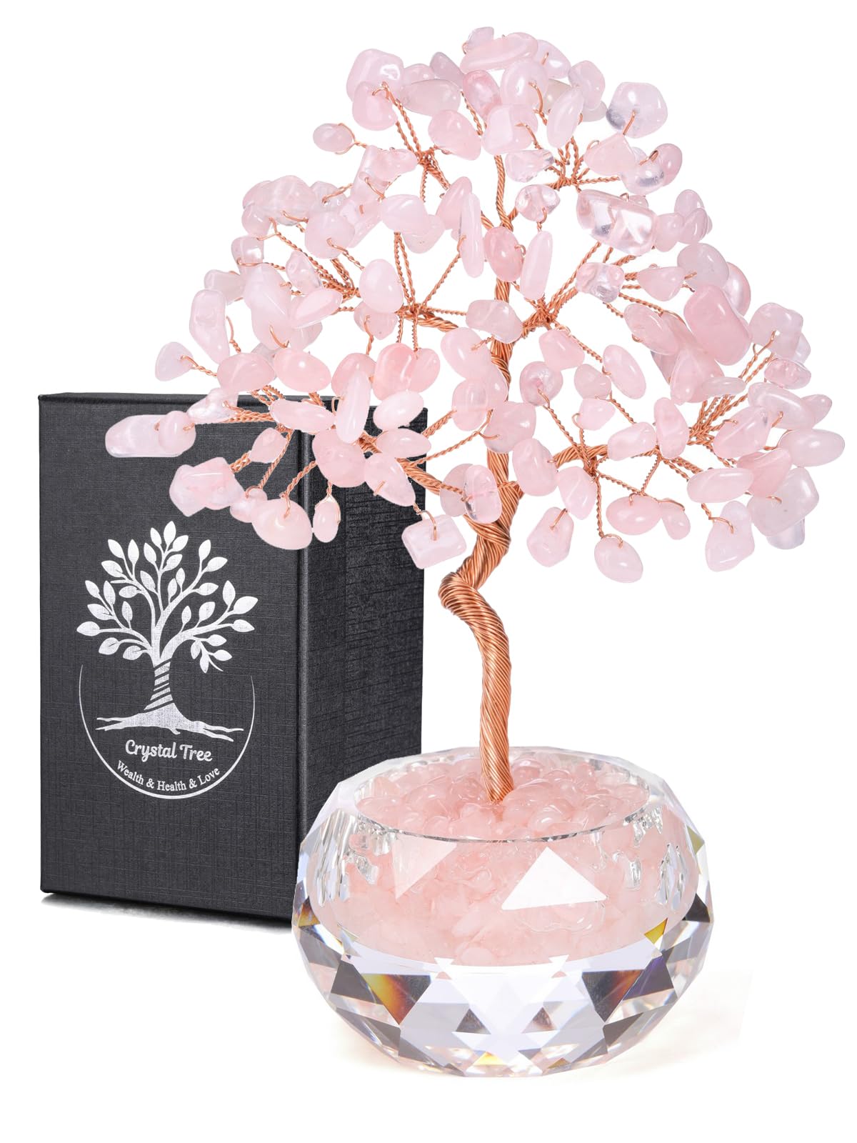 Jovivi Large Rose Quartz Crystals Tree, 5.51"-5.91" Natural Crystal Healing Stones Tree Glass Bowl Base Gemstone Money Trees Feng Shui Good Luck Home Desk Decor