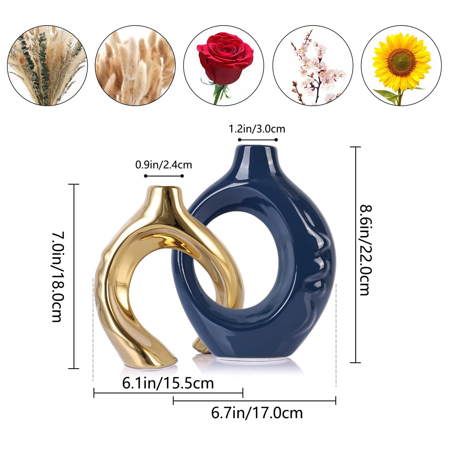 LCCCK Blue and Gold Ceramic Vases for Home Decor, Boho Vase for Flowers Pampas Grass Decorative, Navy Blue Hollow Donut Small Vase for Living Room Table Wedding Centerpiece Modern Vases