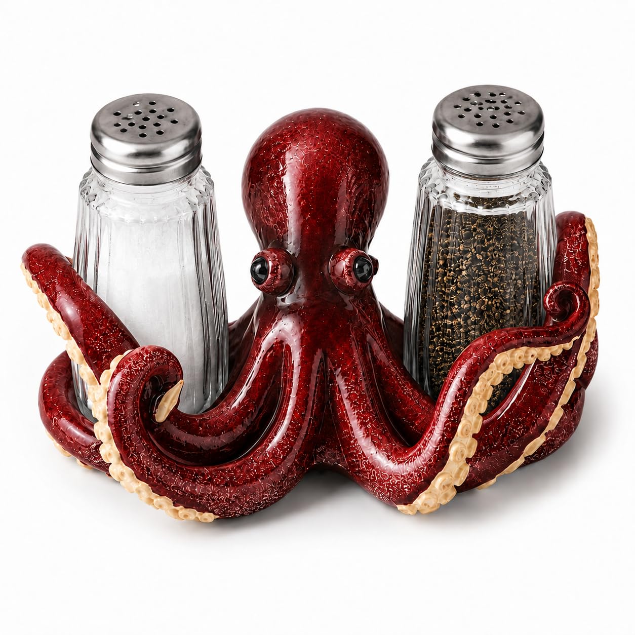 Comfy Hour 6" Red Octopus Salt and Pepper Shaker Duo (Empty Bottle Set Included), Decorative Coastal Ocean Figurine Holder for Kitchen Tabletop, Heavy Duty Resin Stone Texture, 1 Unit