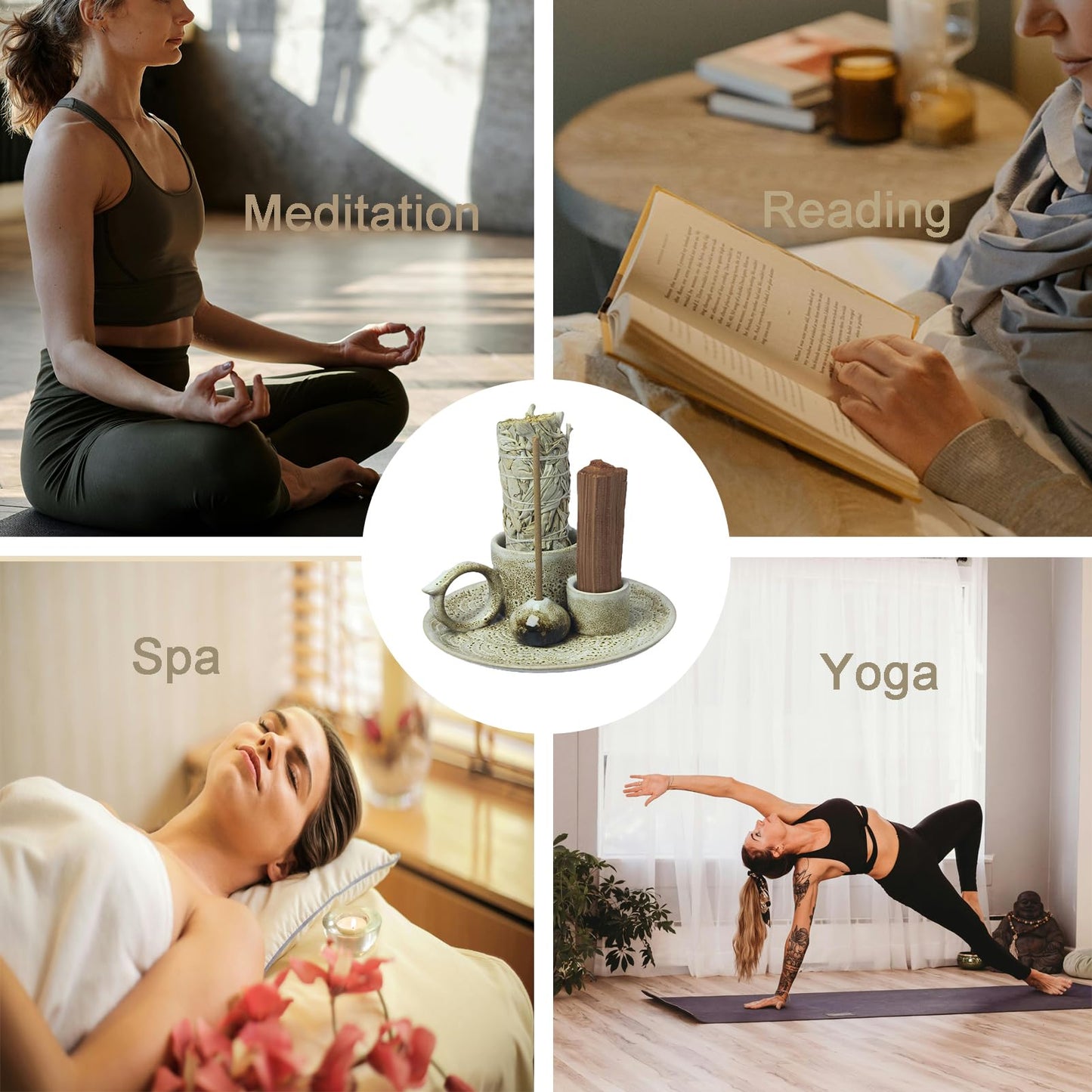 Fyedroed 4 in 1 Incense Burner Holder for Sticks, Palo Santo Sticks Holder, Candle and Sage Holder for Burning Ceramic Ash Catcher Tray for Meditation Yoga Room Home Decor (Gray)